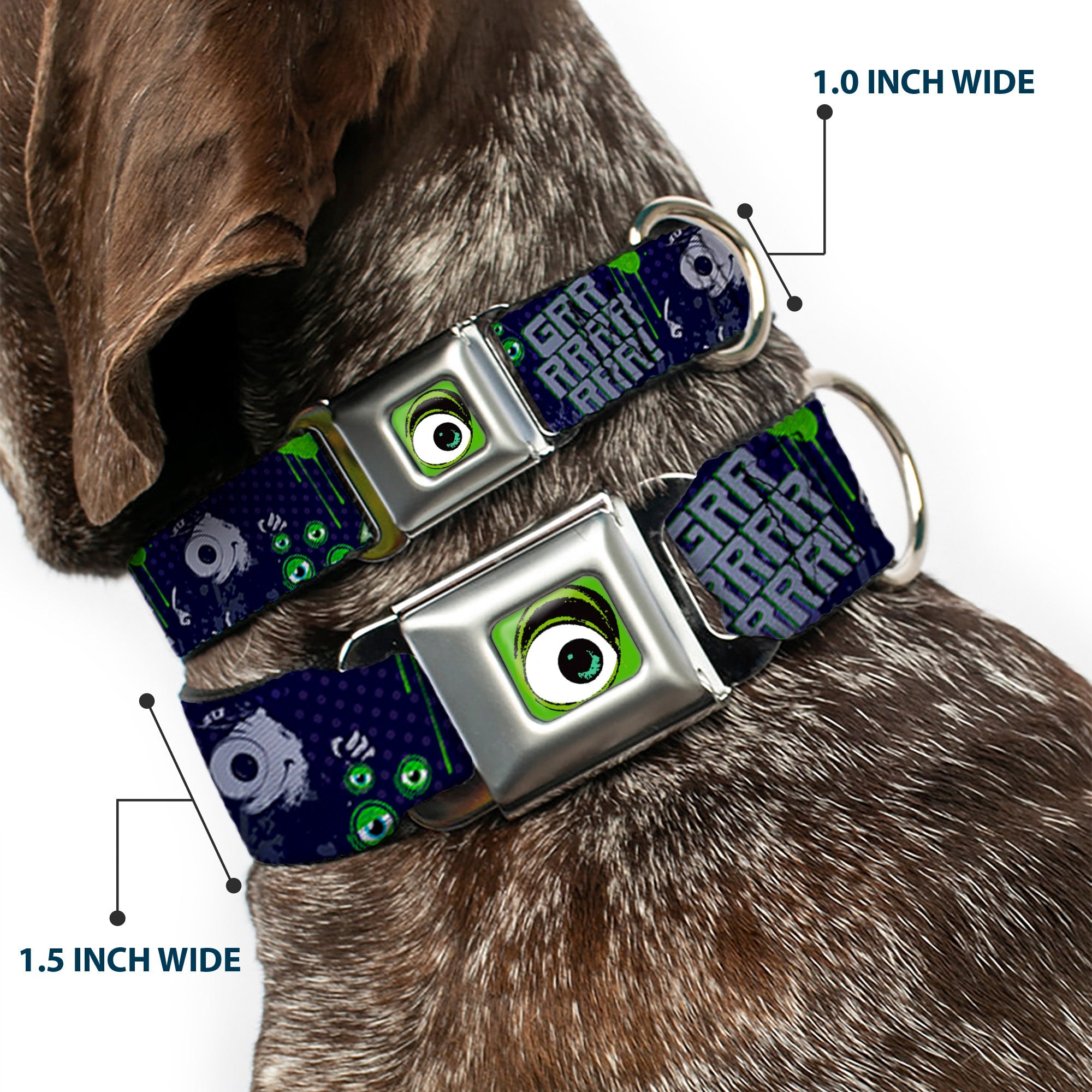 Monster Wide Eye Full Color Seatbelt Buckle Collar - Monsters University Sully & Mike Poses/GRRRRR!