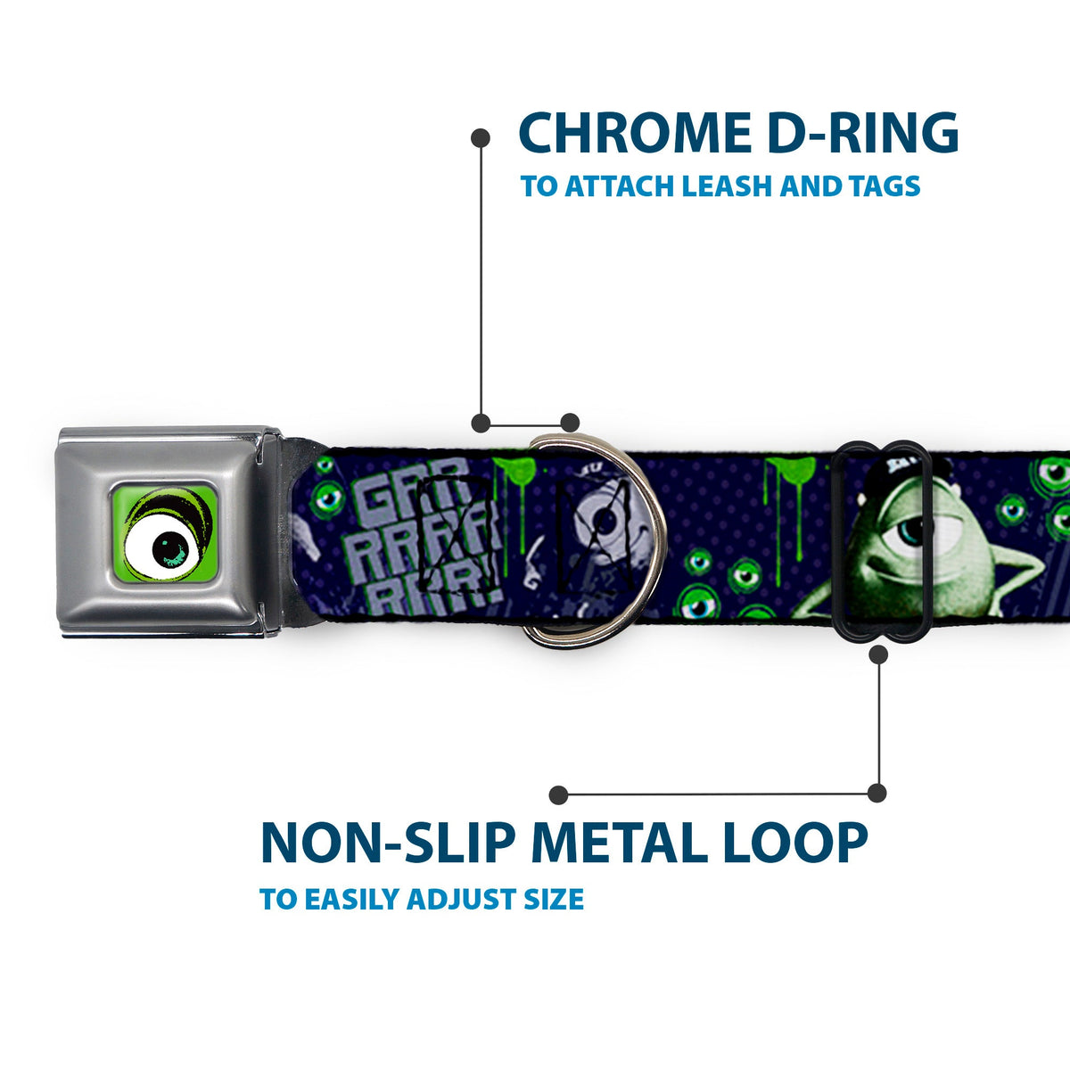 Monster Wide Eye Full Color Seatbelt Buckle Collar - Monsters University Sully & Mike Poses/GRRRRR!