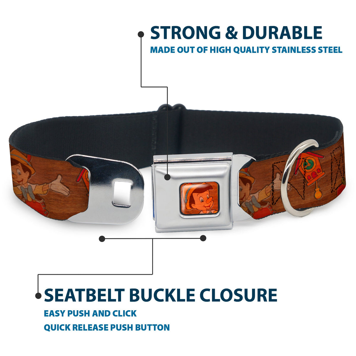 Pinocchio CLOSE-UP Full Color Wood Grain Seatbelt Buckle Collar - Pinocchio Poses Black/White/Multi Color