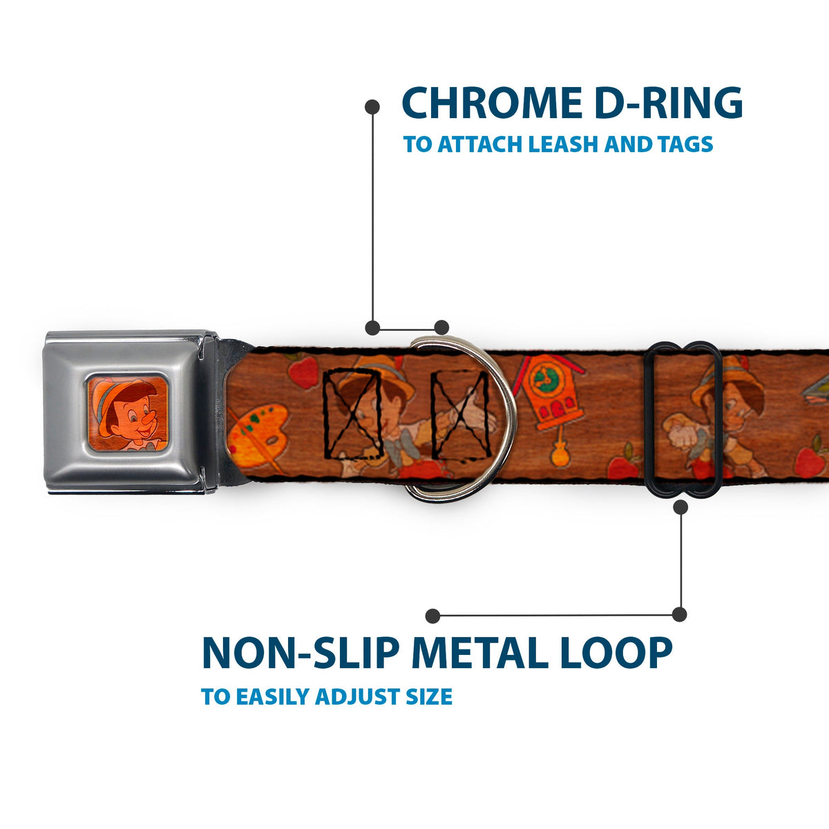 Pinocchio CLOSE-UP Full Color Wood Grain Seatbelt Buckle Collar - Pinocchio Poses Black/White/Multi Color