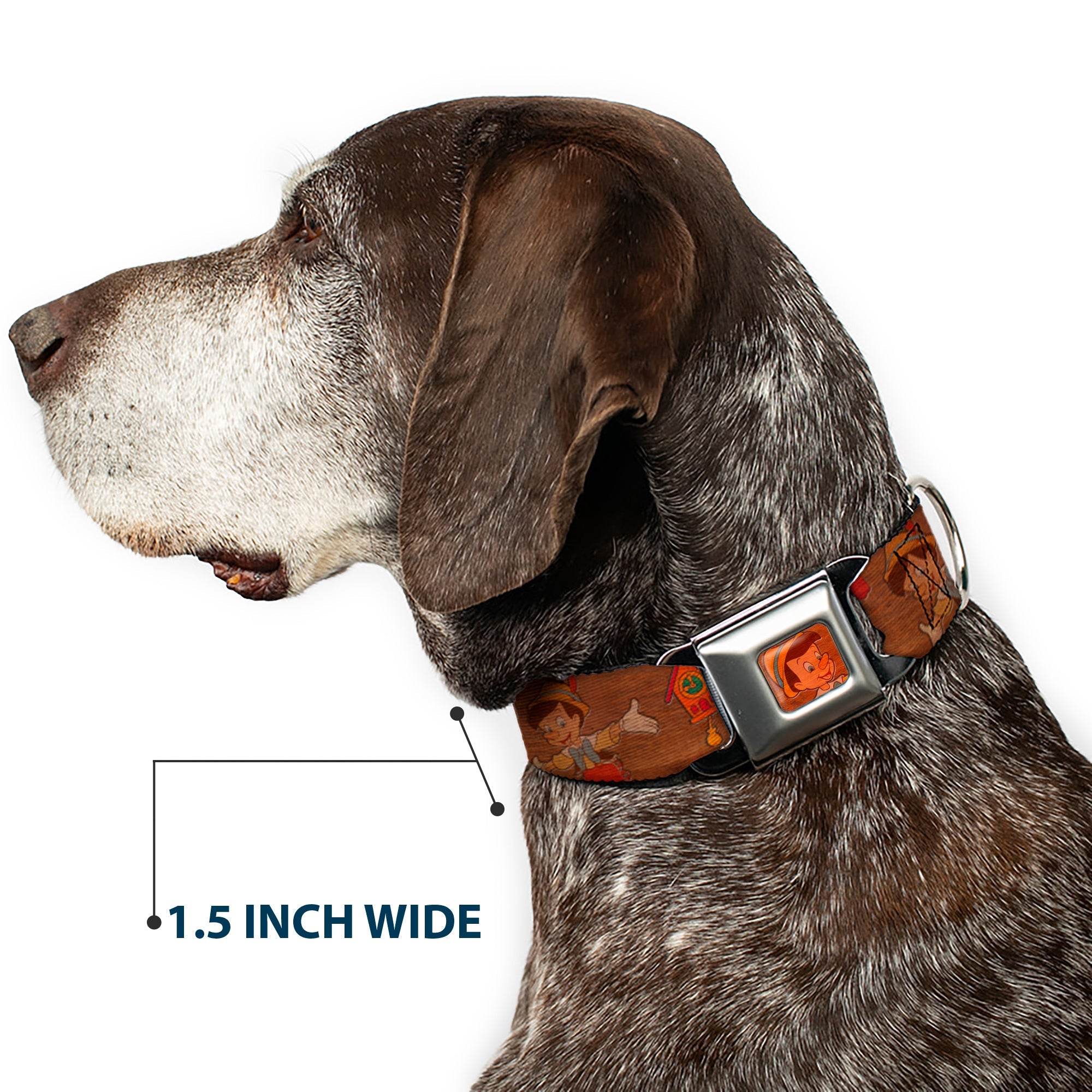 Pinocchio CLOSE-UP Full Color Wood Grain Seatbelt Buckle Collar - Pinocchio Poses Black/White/Multi Color