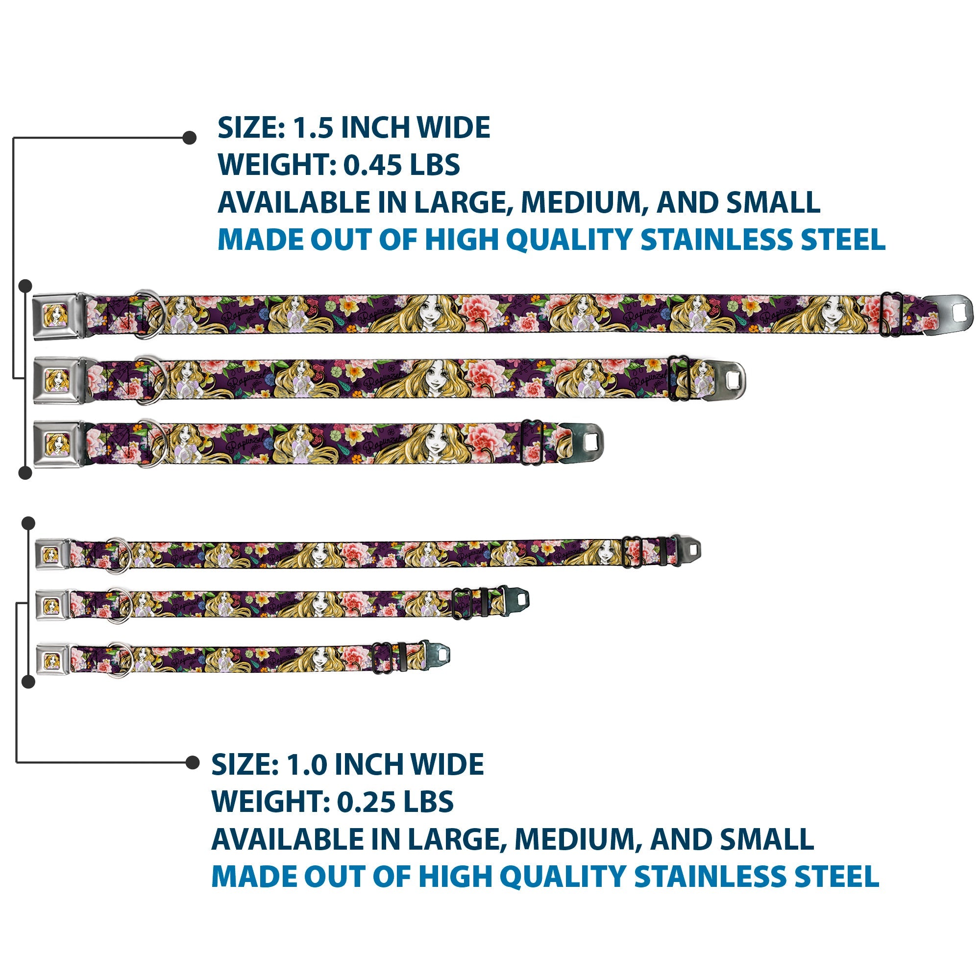 Rapunzel Sketch Full Color Seatbelt Buckle Collar - Rapunzel Poses/Floral Collage Sketch Purple