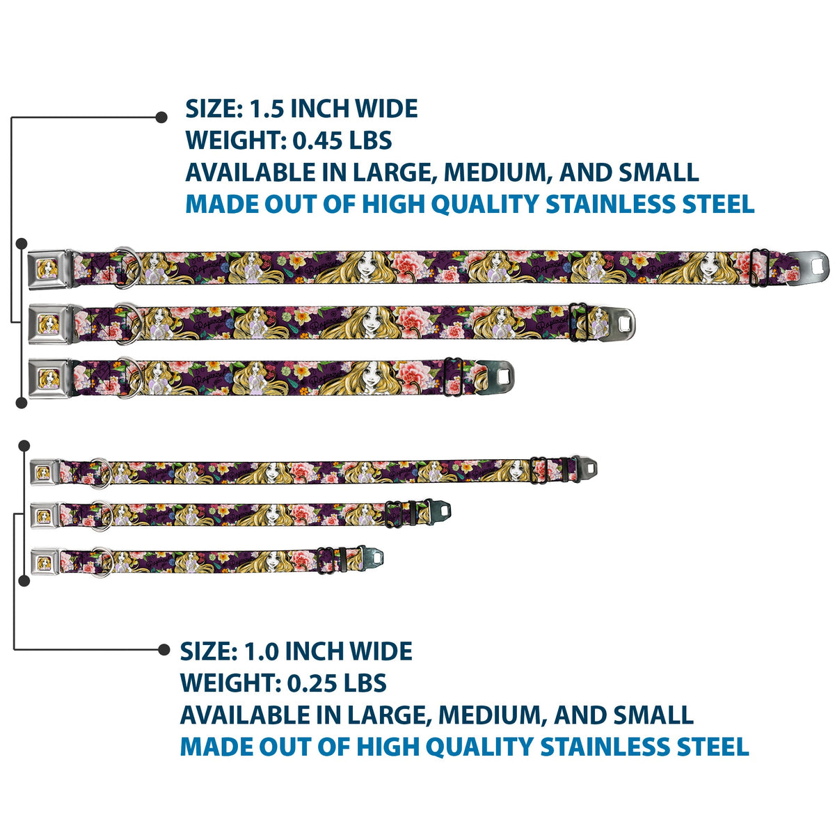 Rapunzel Sketch Full Color Seatbelt Buckle Collar - Rapunzel Poses/Floral Collage Sketch Purple