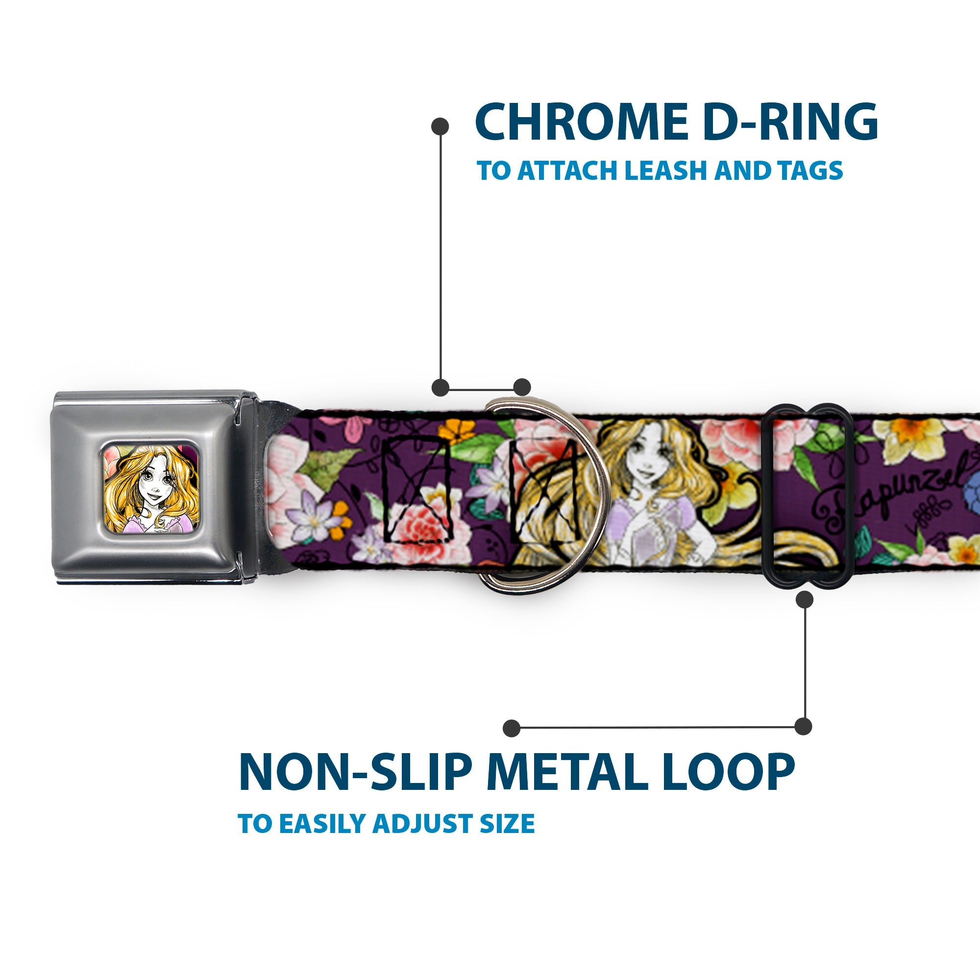 Rapunzel Sketch Full Color Seatbelt Buckle Collar - Rapunzel Poses/Floral Collage Sketch Purple