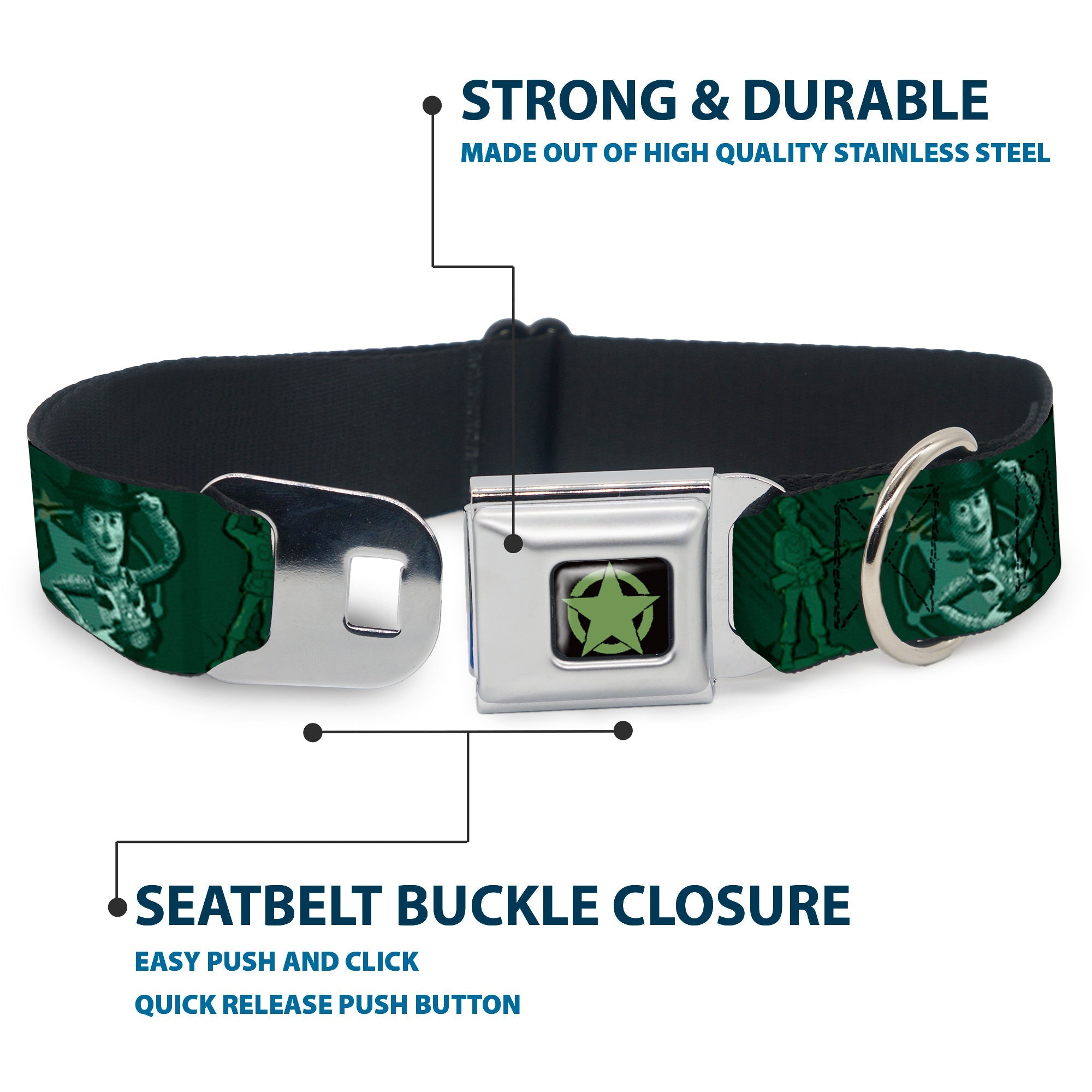 Toy Story Star Icon Full Color Black/Green Seatbelt Buckle Collar - Woody & Friends KEEP CALM & REACH FOR THE SKY Blues