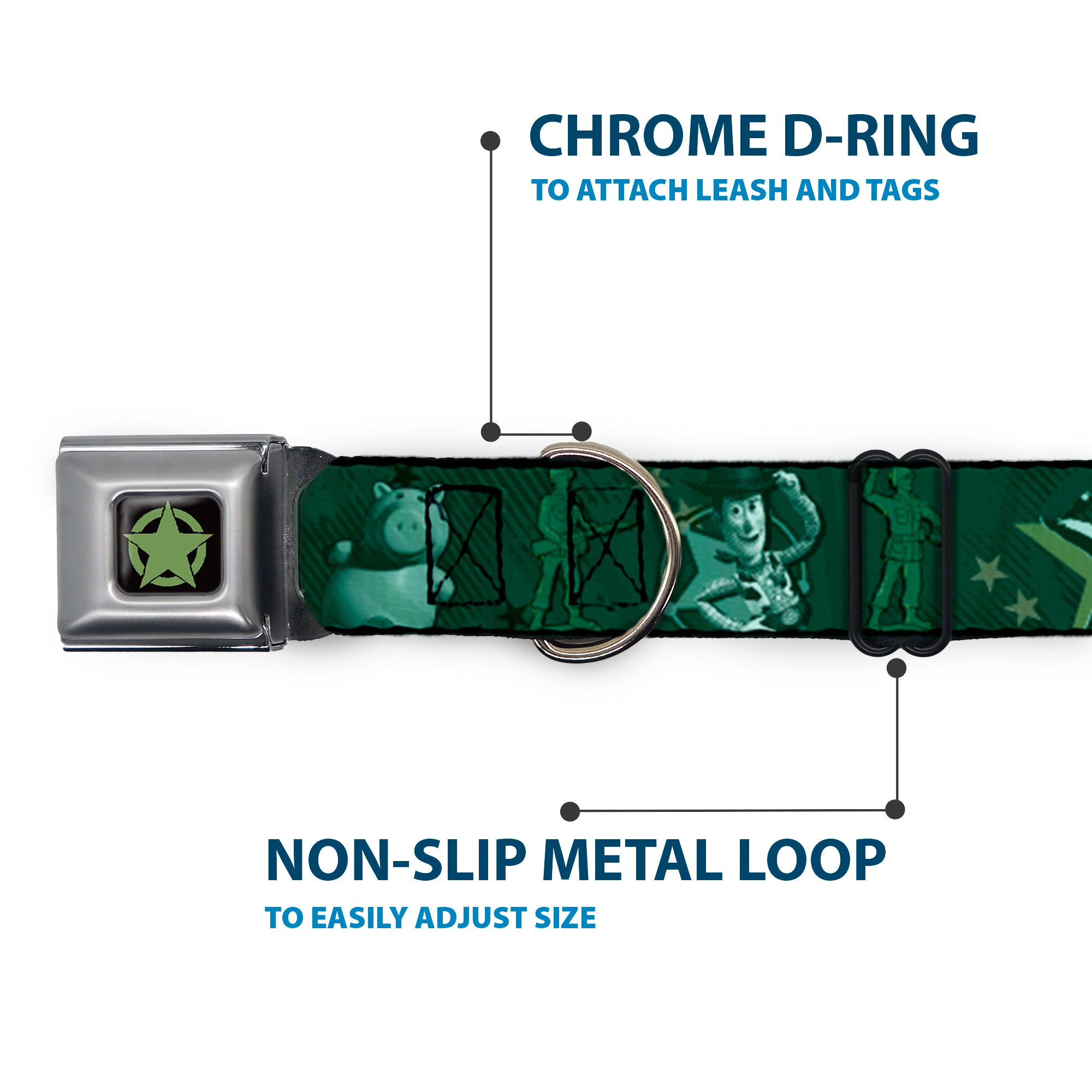 Toy Story Star Icon Full Color Black/Green Seatbelt Buckle Collar - Woody & Friends KEEP CALM & REACH FOR THE SKY Blues