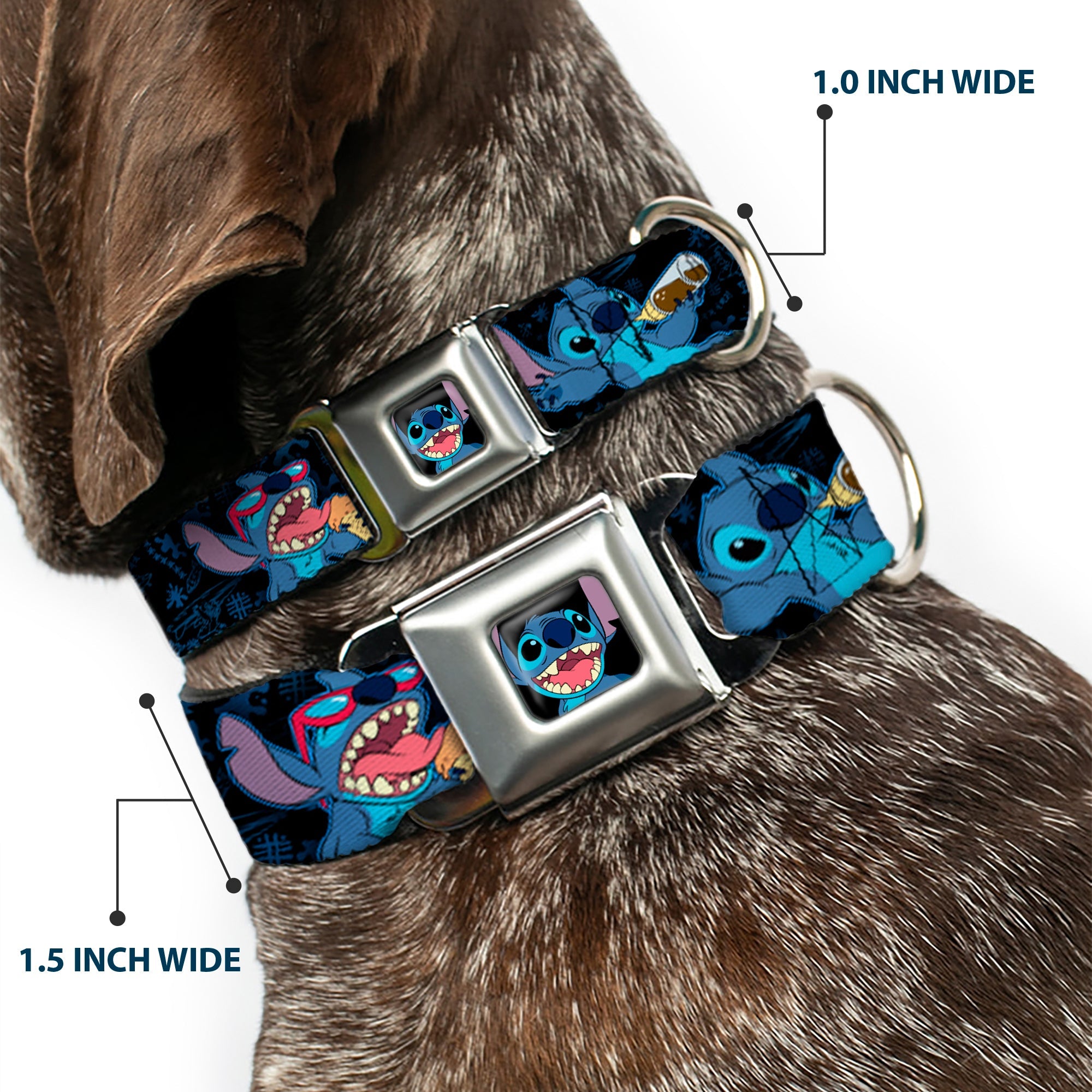 Stitch Smiling CLOSE-UP Full Color Black Seatbelt Buckle Collar - Stitch Snacking Poses Black/Blue