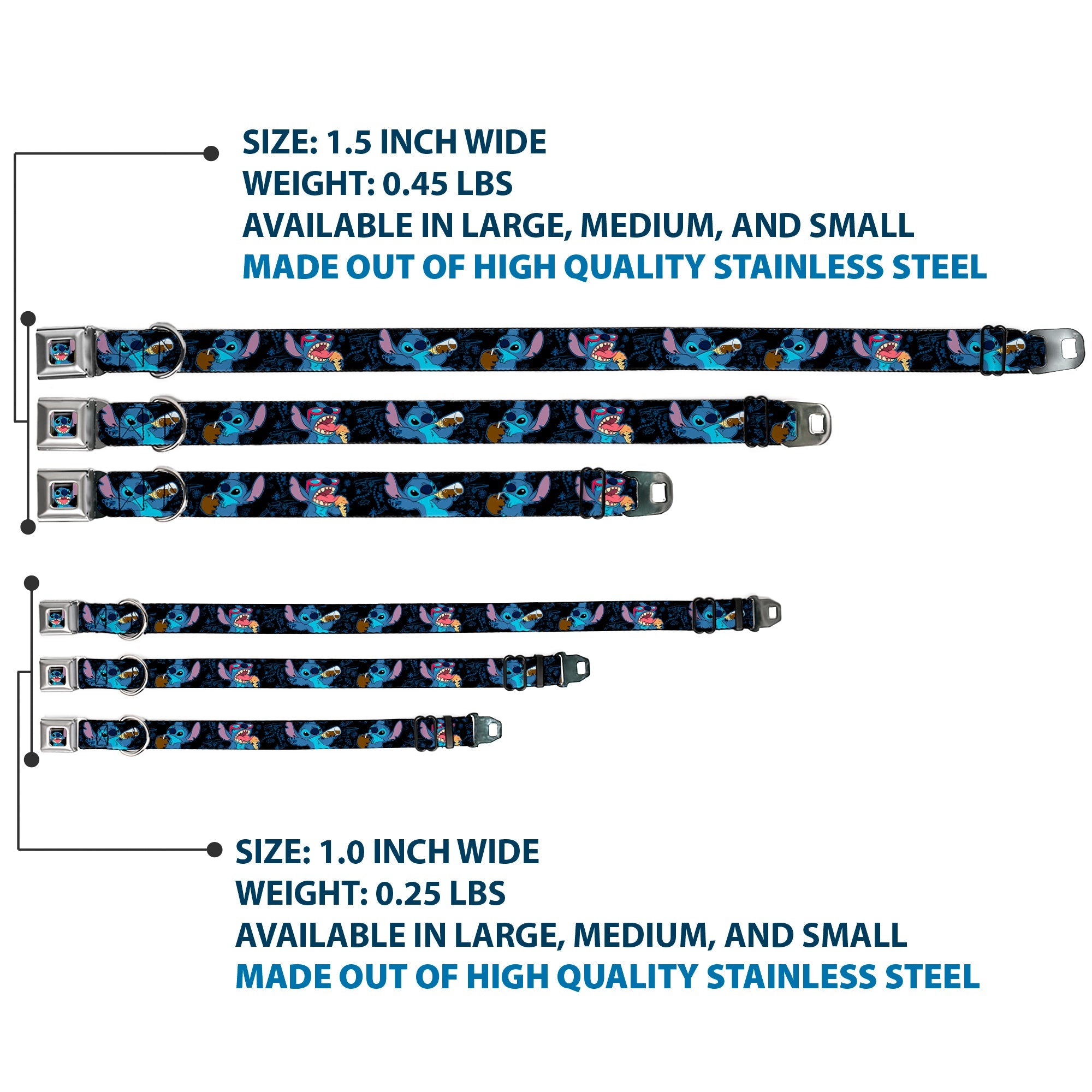 Stitch Smiling CLOSE-UP Full Color Black Seatbelt Buckle Collar - Stitch Snacking Poses Black/Blue
