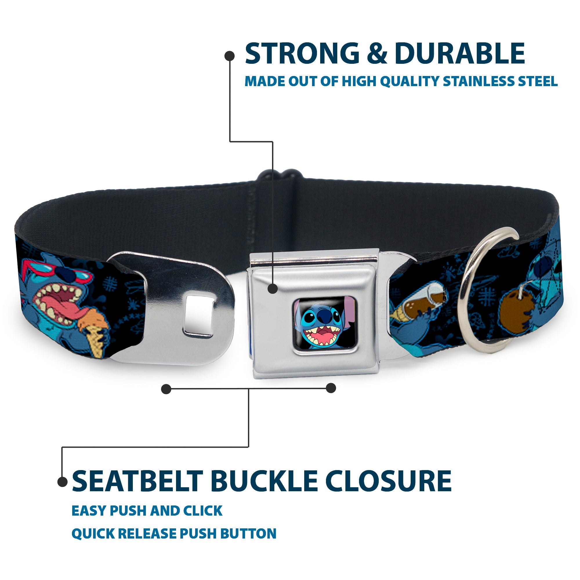 Stitch Smiling CLOSE-UP Full Color Black Seatbelt Buckle Collar - Stitch Snacking Poses Black/Blue