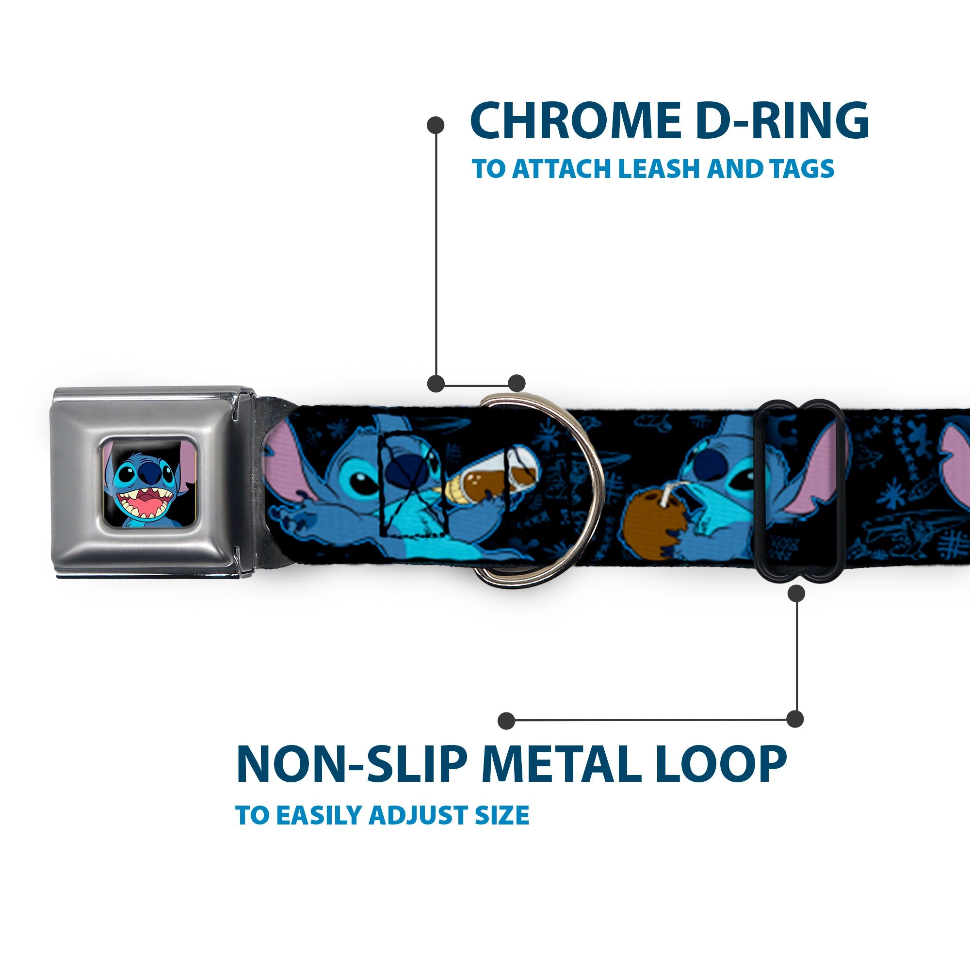 Stitch Smiling CLOSE-UP Full Color Black Seatbelt Buckle Collar - Stitch Snacking Poses Black/Blue