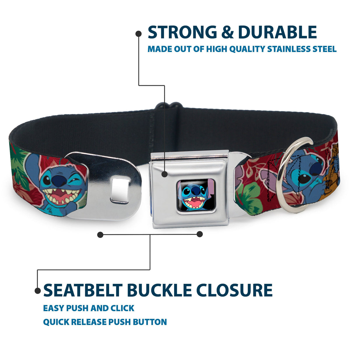 Stitch Smiling CLOSE-UP Full Color Black Seatbelt Buckle Collar - Stitch 6-Expressions Tropical Flora Burgundy Reds/Greens