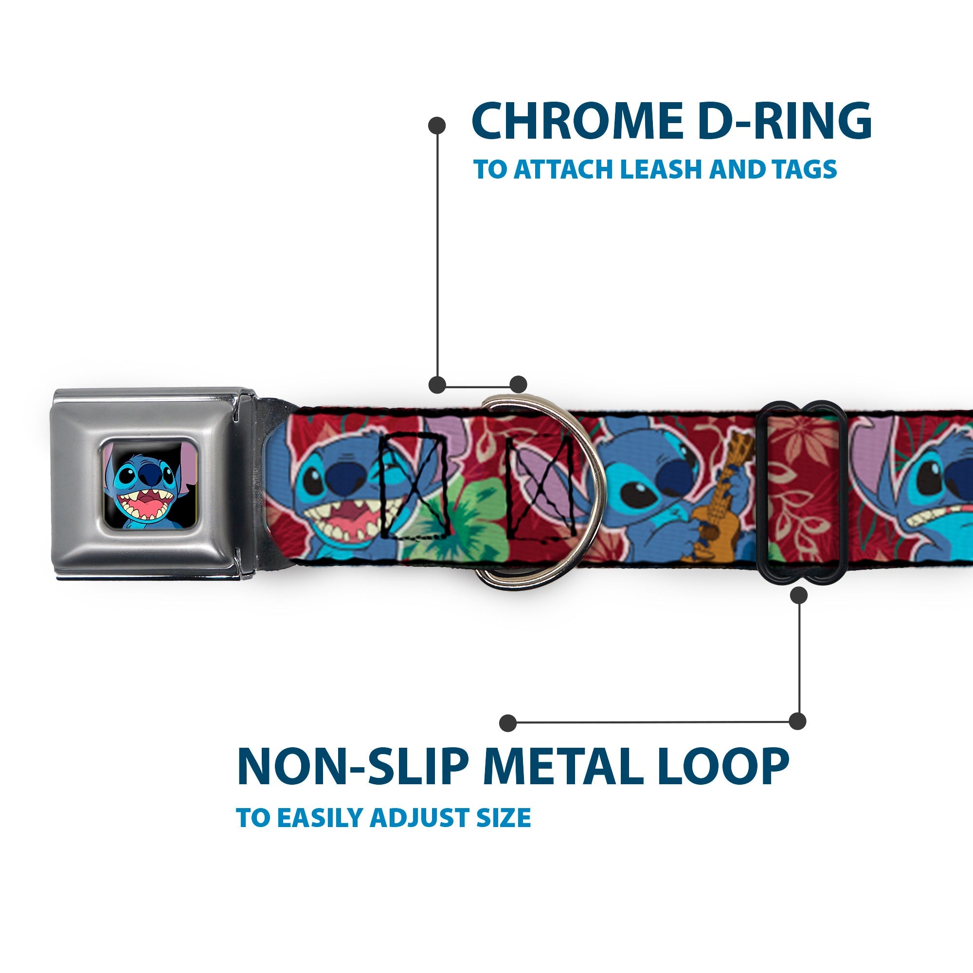 Stitch Smiling CLOSE-UP Full Color Black Seatbelt Buckle Collar - Stitch 6-Expressions Tropical Flora Burgundy Reds/Greens