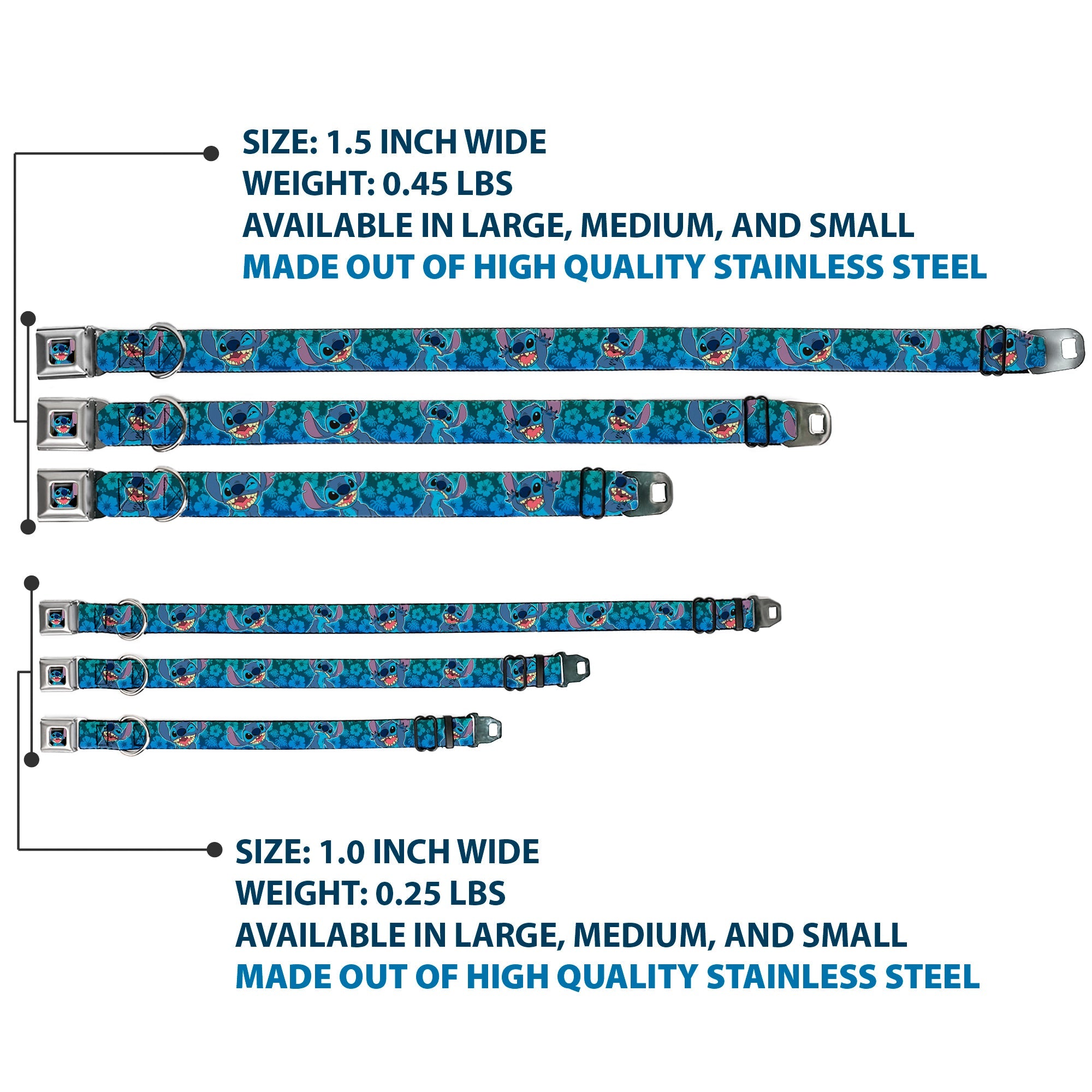 Stitch Smiling CLOSE-UP Full Color Black Seatbelt Buckle Collar - Stitch Expressions/Hibiscus Collage Green-Blue Fade