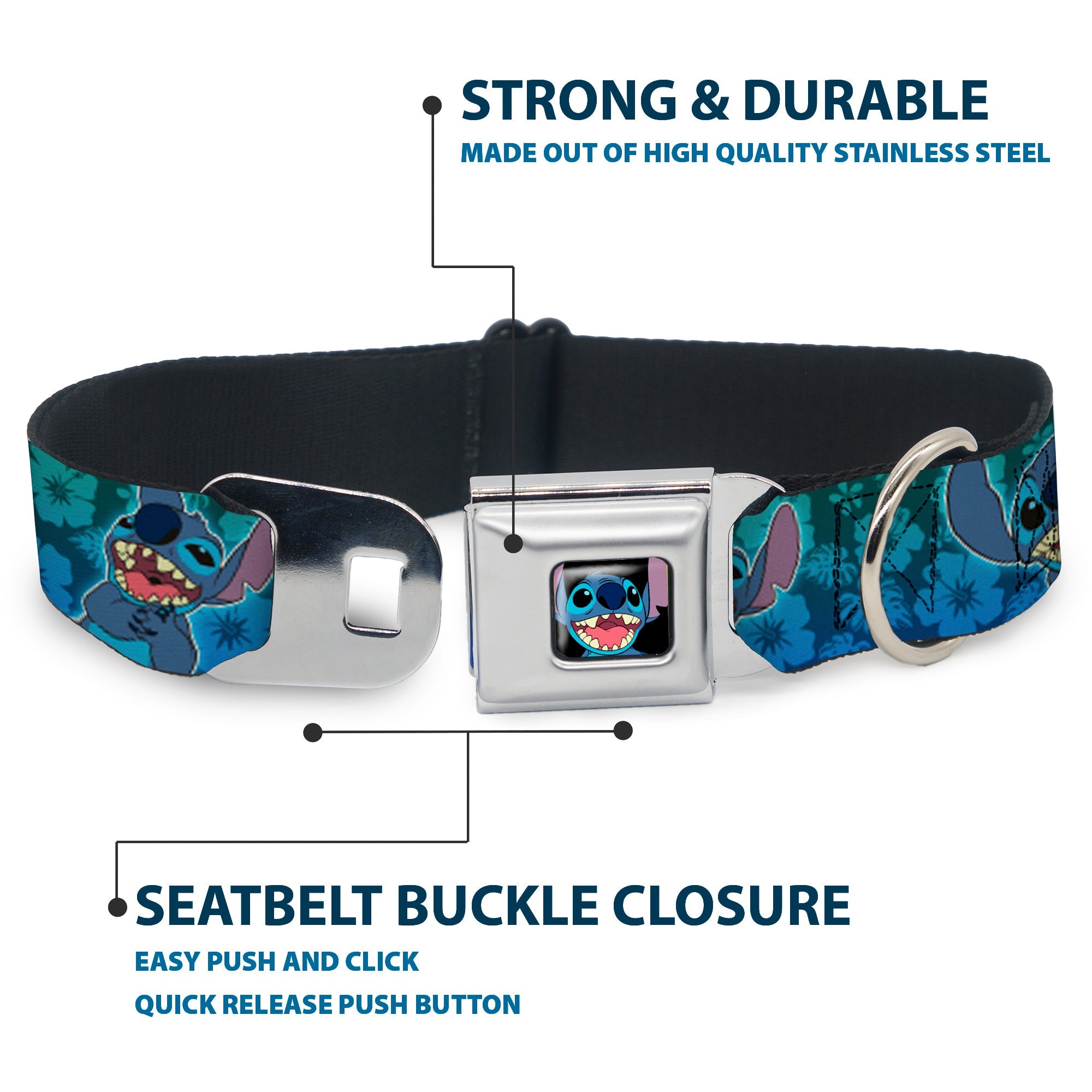 Stitch Smiling CLOSE-UP Full Color Black Seatbelt Buckle Collar - Stitch Expressions/Hibiscus Collage Green-Blue Fade