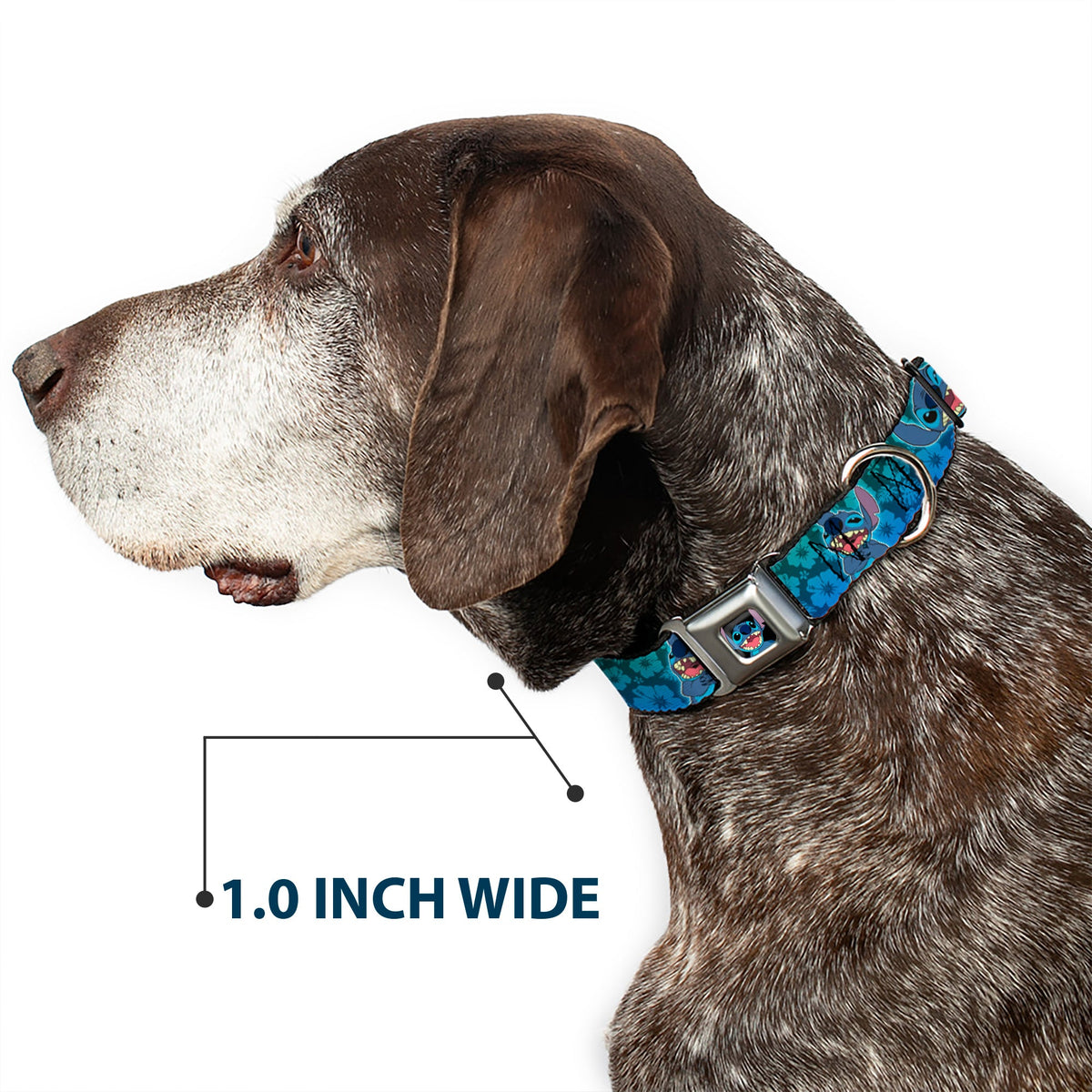 Stitch Smiling CLOSE-UP Full Color Black Seatbelt Buckle Collar - Stitch Expressions/Hibiscus Collage Green-Blue Fade