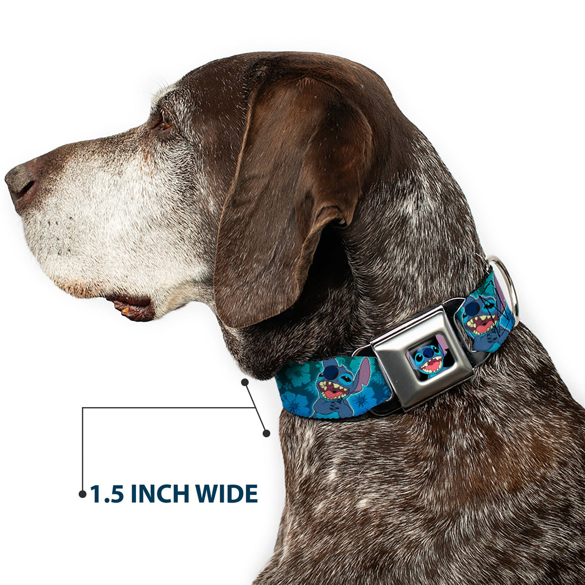 Stitch Smiling CLOSE-UP Full Color Black Seatbelt Buckle Collar - Stitch Expressions/Hibiscus Collage Green-Blue Fade