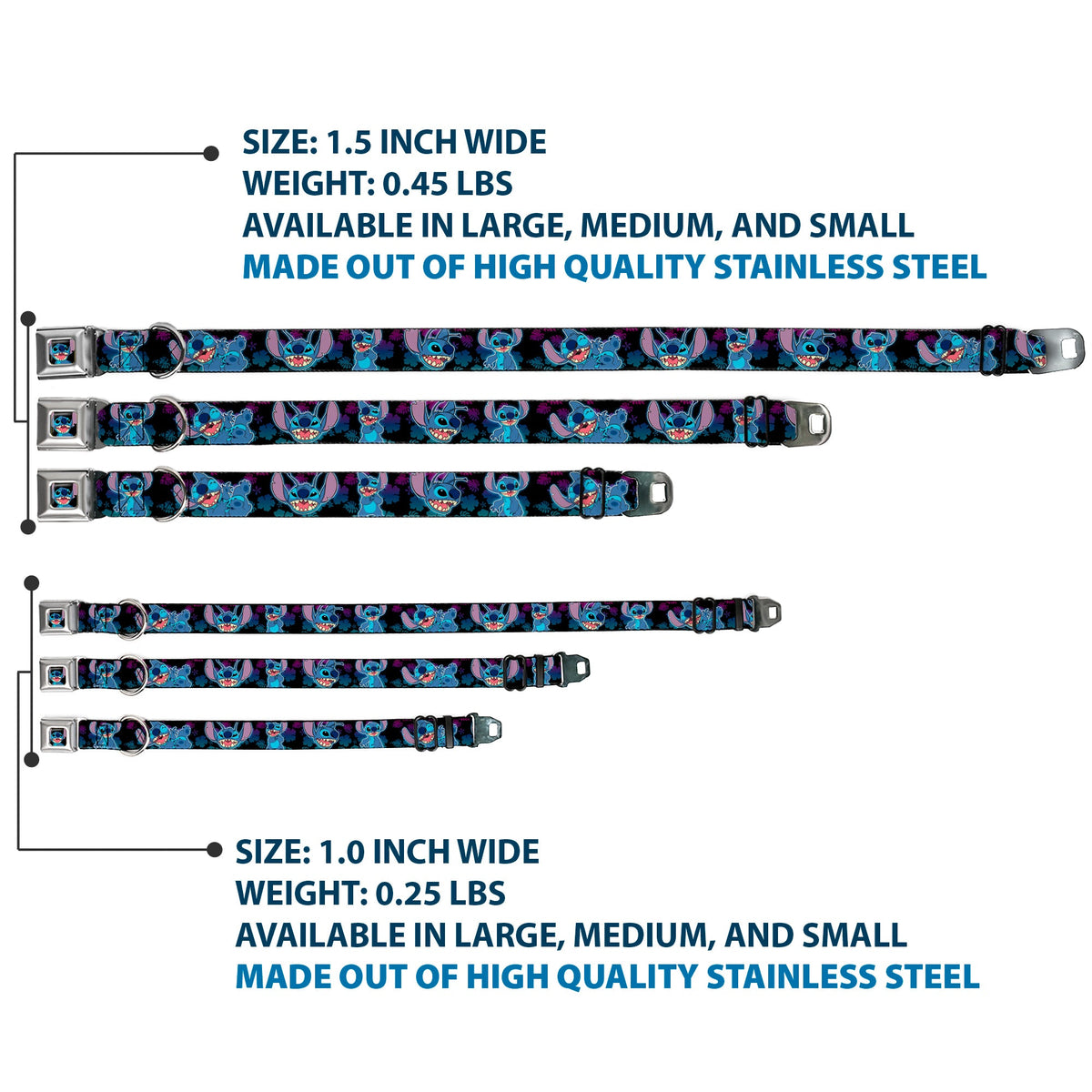 Stitch Smiling CLOSE-UP Full Color Seatbelt Buckle Collar - Stitch 2-Expressions/2-Poses Tropical Flora Black/Purple-Blue Fade