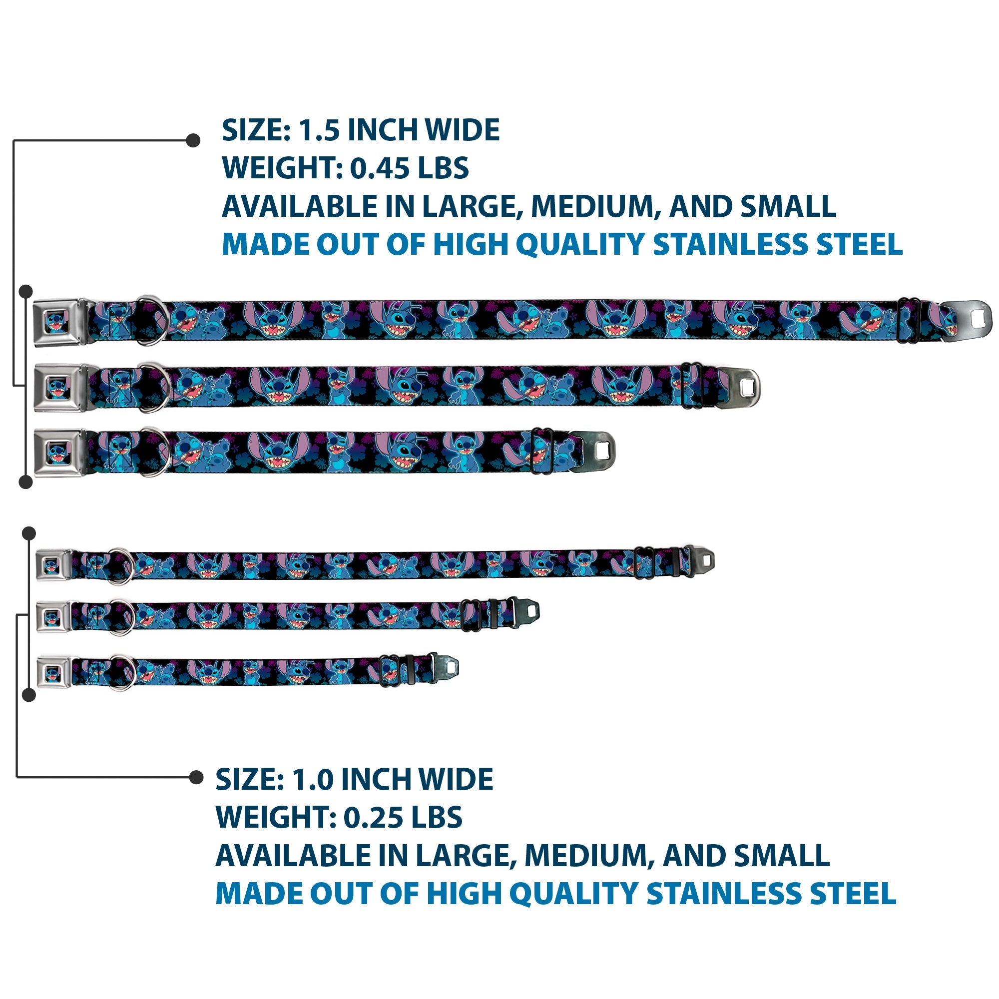 Stitch Smiling CLOSE-UP Full Color Seatbelt Buckle Collar - Stitch 2-Expressions/2-Poses Tropical Flora Black/Purple-Blue Fade