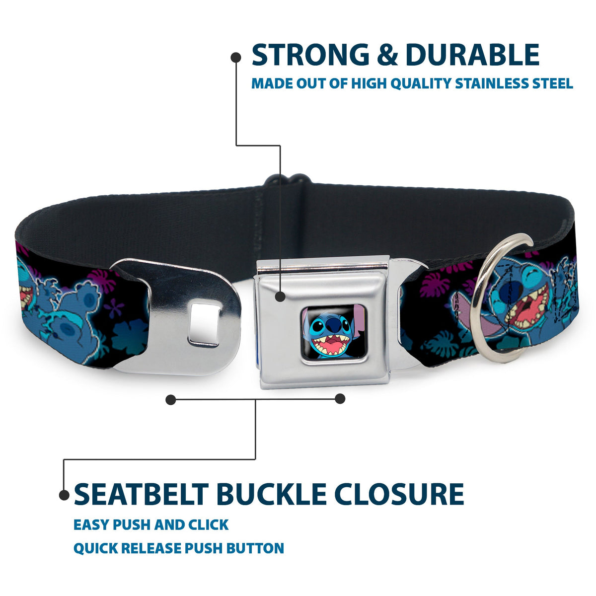 Stitch Smiling CLOSE-UP Full Color Seatbelt Buckle Collar - Stitch 2-Expressions/2-Poses Tropical Flora Black/Purple-Blue Fade