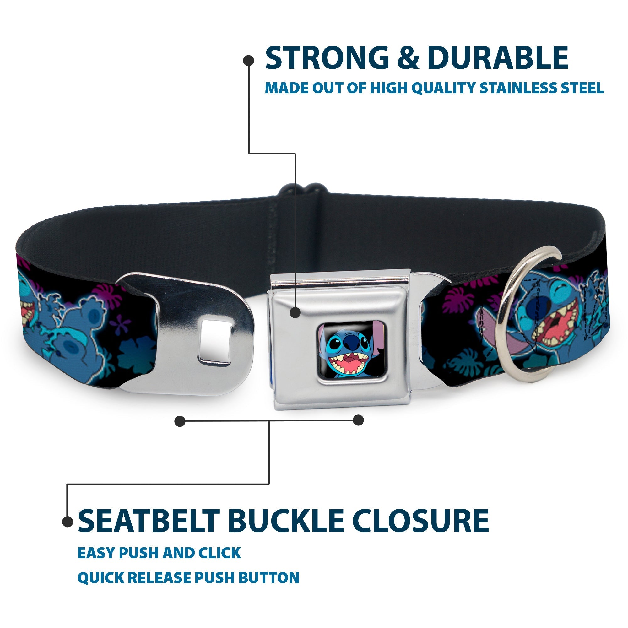 Stitch Smiling CLOSE-UP Full Color Seatbelt Buckle Collar - Stitch 2-Expressions/2-Poses Tropical Flora Black/Purple-Blue Fade