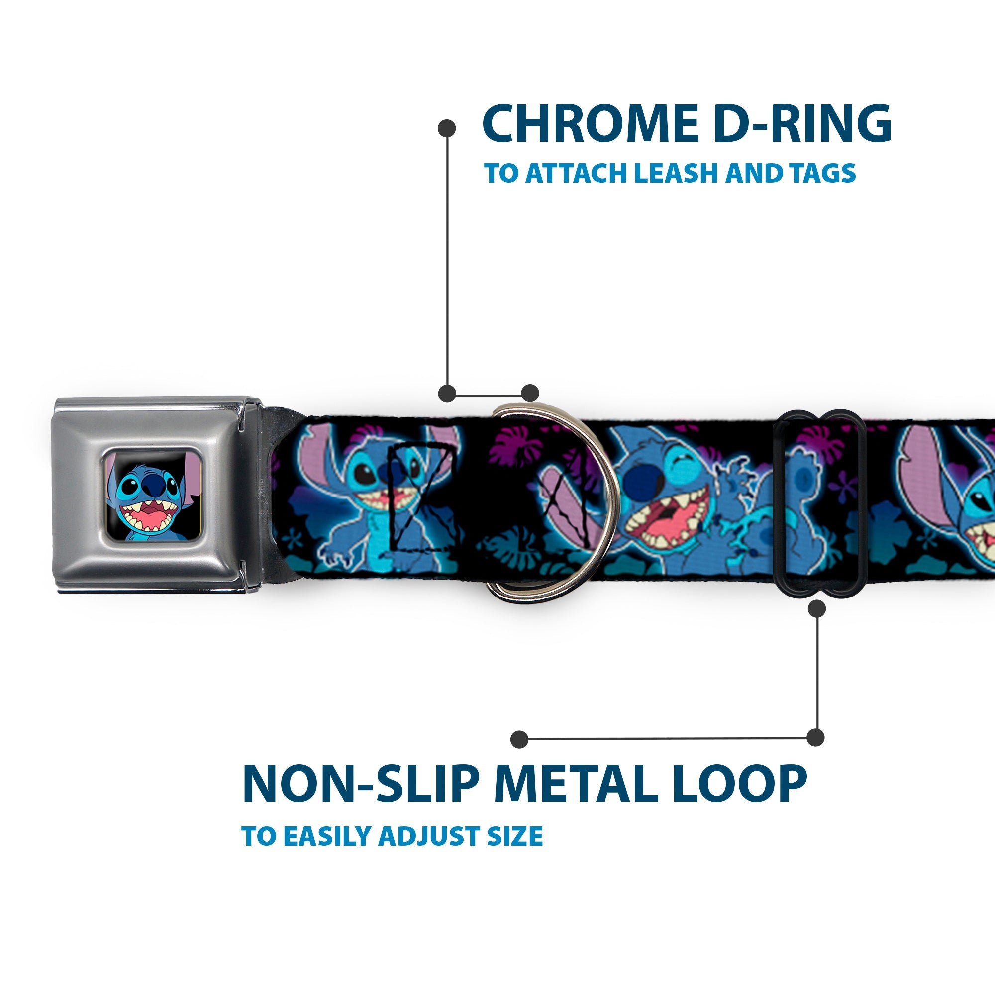 Stitch Smiling CLOSE-UP Full Color Seatbelt Buckle Collar - Stitch 2-Expressions/2-Poses Tropical Flora Black/Purple-Blue Fade