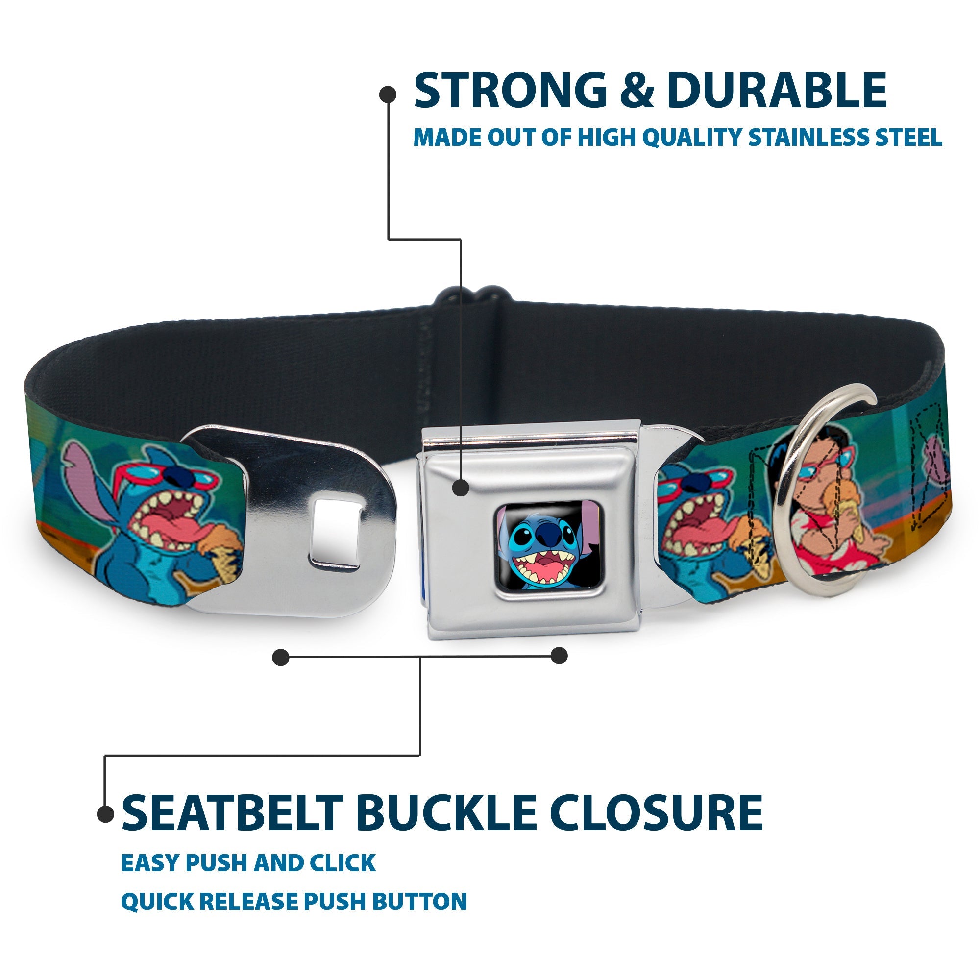 Stitch Smiling CLOSE-UP Full Color Black Seatbelt Buckle Collar - Lilo & Stitch 5-Scene Blocks
