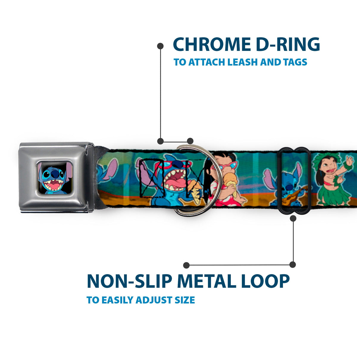 Stitch Smiling CLOSE-UP Full Color Black Seatbelt Buckle Collar - Lilo & Stitch 5-Scene Blocks