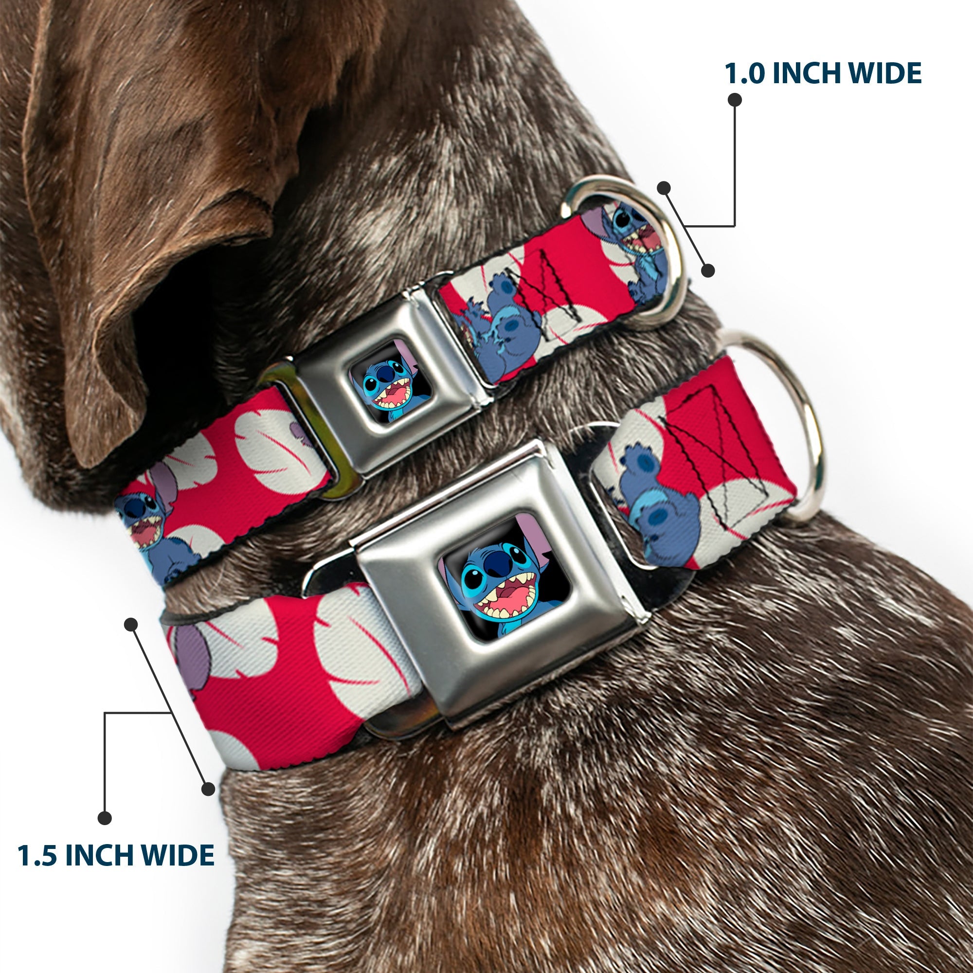 Stitch Smiling Full Color CLOSE-UP Seatbelt Buckle Collar - Lilo & Stitch Stitch 4-Poses/Lilo Dress Leaves Red/Ivory