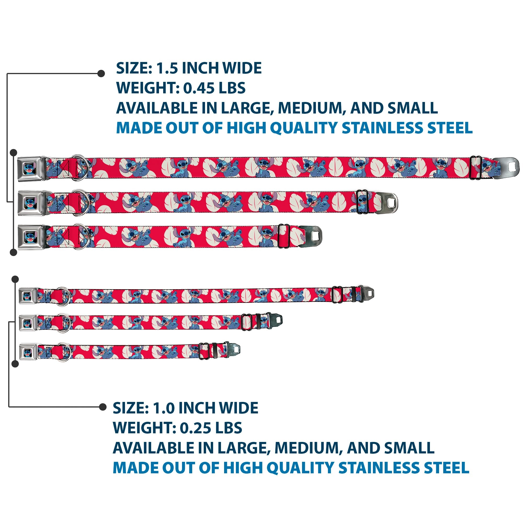 Stitch Smiling Full Color CLOSE-UP Seatbelt Buckle Collar - Lilo & Stitch Stitch 4-Poses/Lilo Dress Leaves Red/Ivory