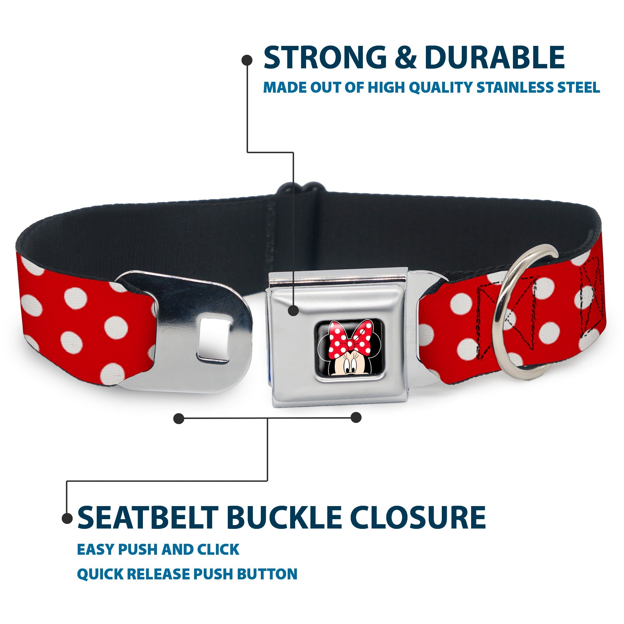 Minnie Mouse w Bow CLOSE-UP Full Color Black Red White Seatbelt Buckle Collar - Minnie Mouse Polka Dots Red/White