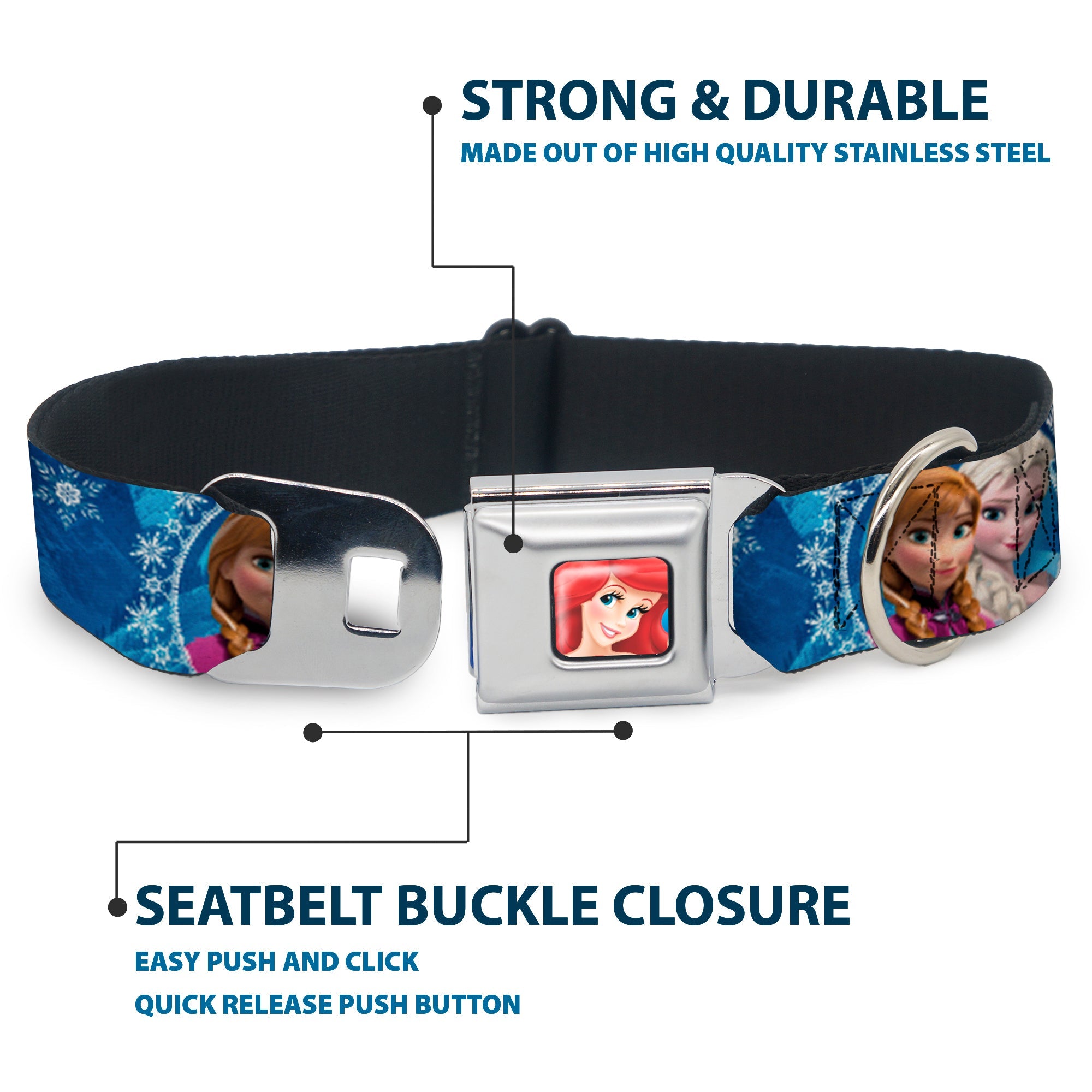 Frozen Elsa the Snow Queen Pose Snowflakes Full Color Blue White Seatbelt Buckle Collar - Anna & Elsa Poses/Castle & Mountains Blues