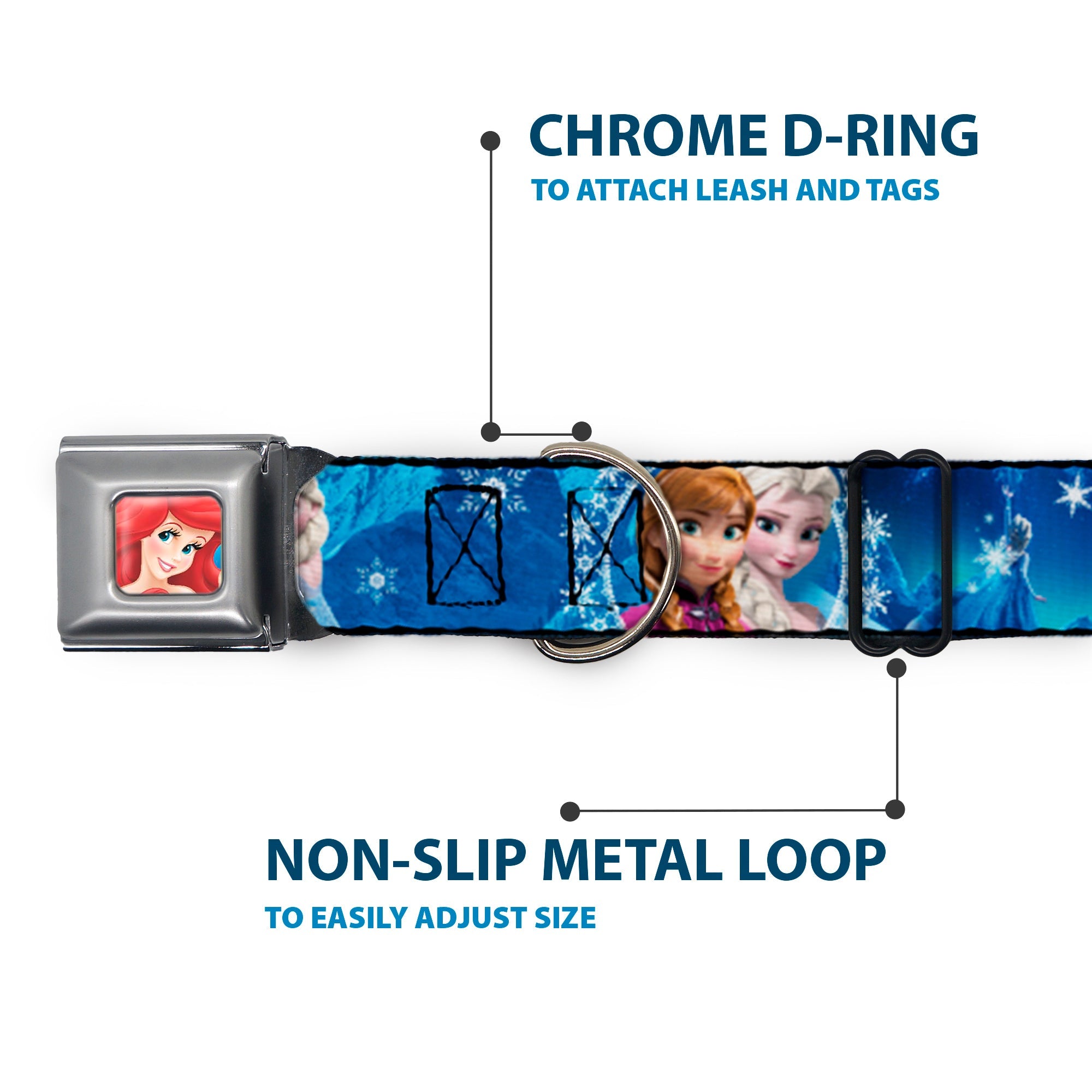 Frozen Elsa the Snow Queen Pose Snowflakes Full Color Blue White Seatbelt Buckle Collar - Anna & Elsa Poses/Castle & Mountains Blues