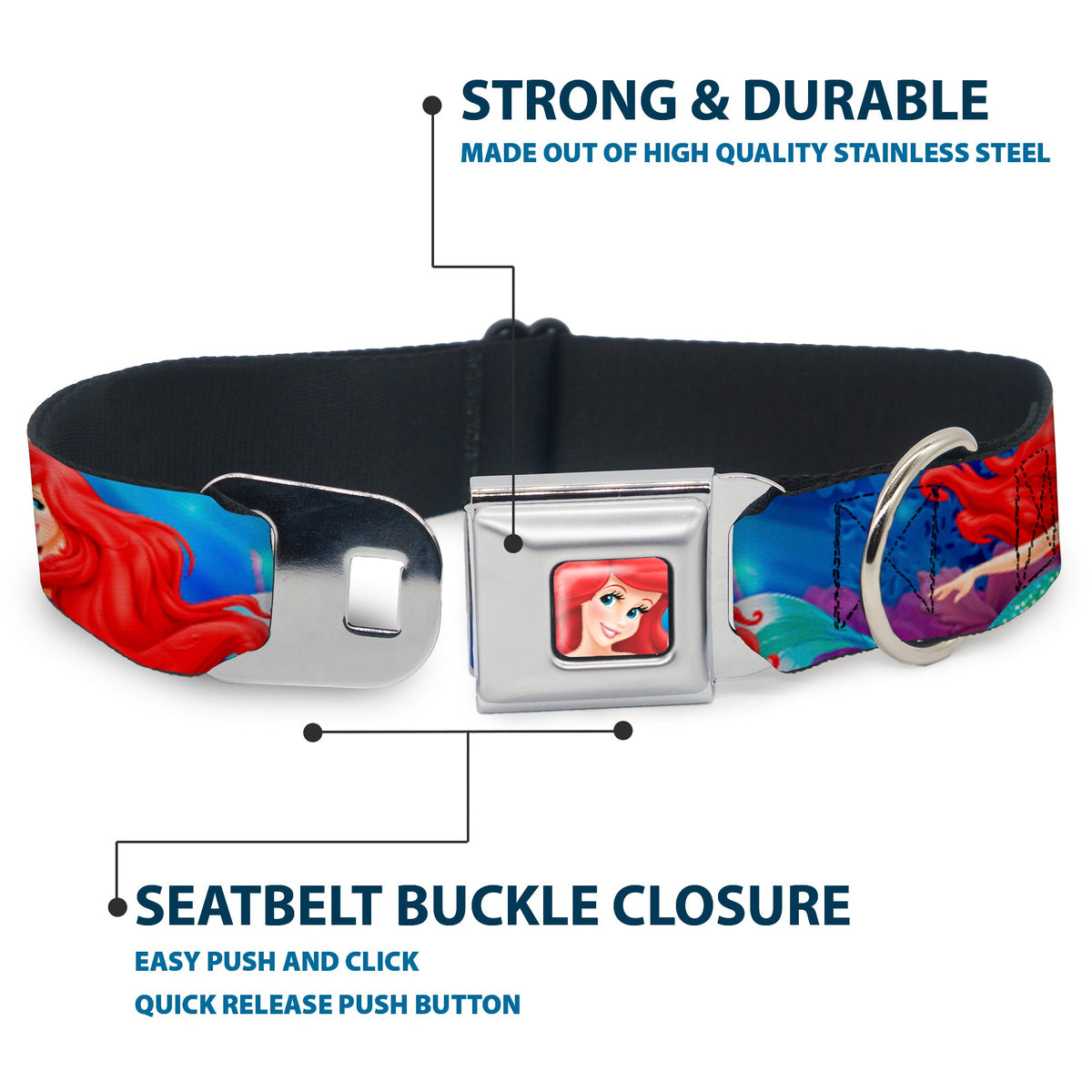Ariel Face3 Full Color Blue Seatbelt Buckle Collar - Ariel Vivid Underwater Sparkle Poses/Castle