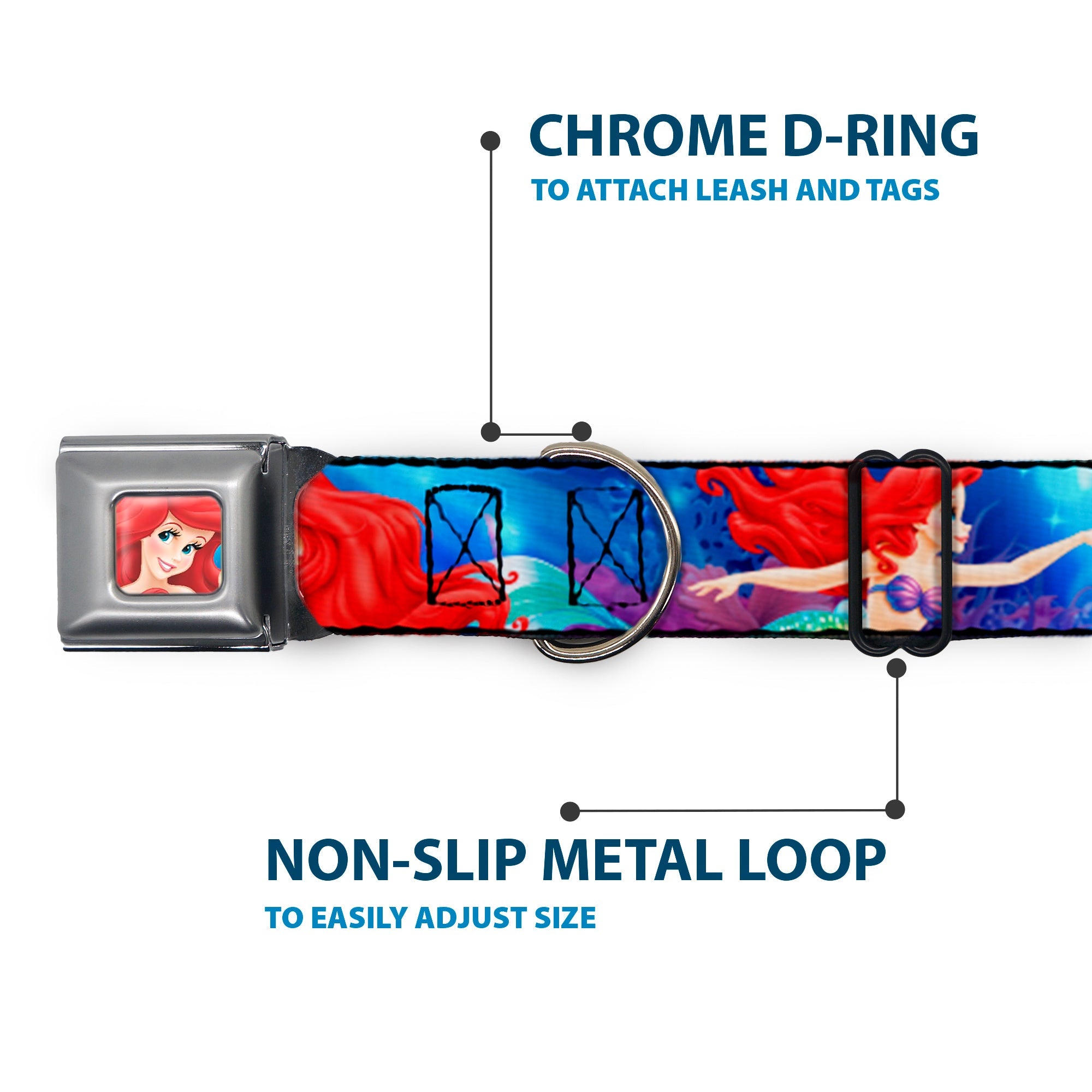 Ariel Face3 Full Color Blue Seatbelt Buckle Collar - Ariel Vivid Underwater Sparkle Poses/Castle