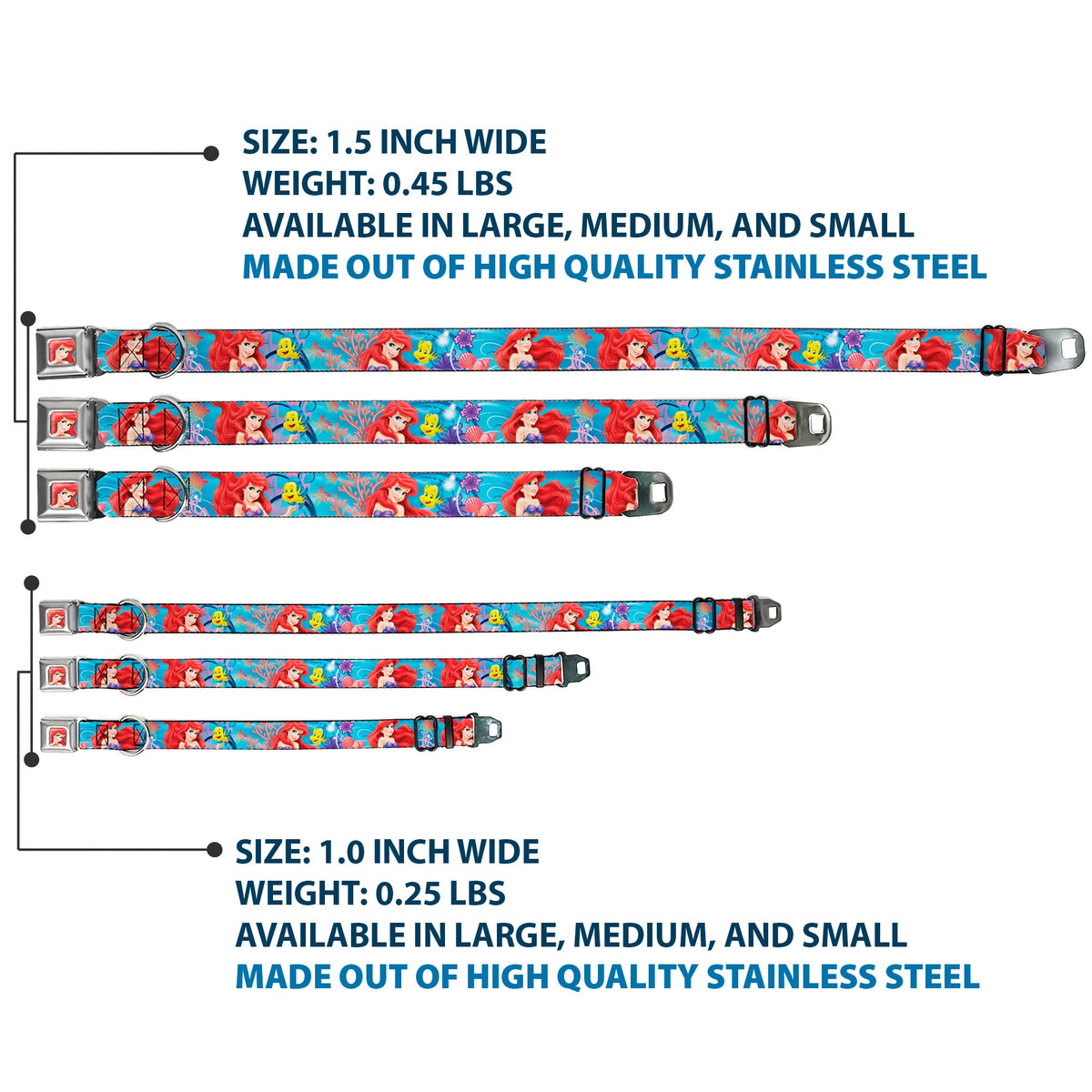Ariel Face3 Full Color Blue Seatbelt Buckle Collar - Ariel & Flounder Vivid Underwater Poses