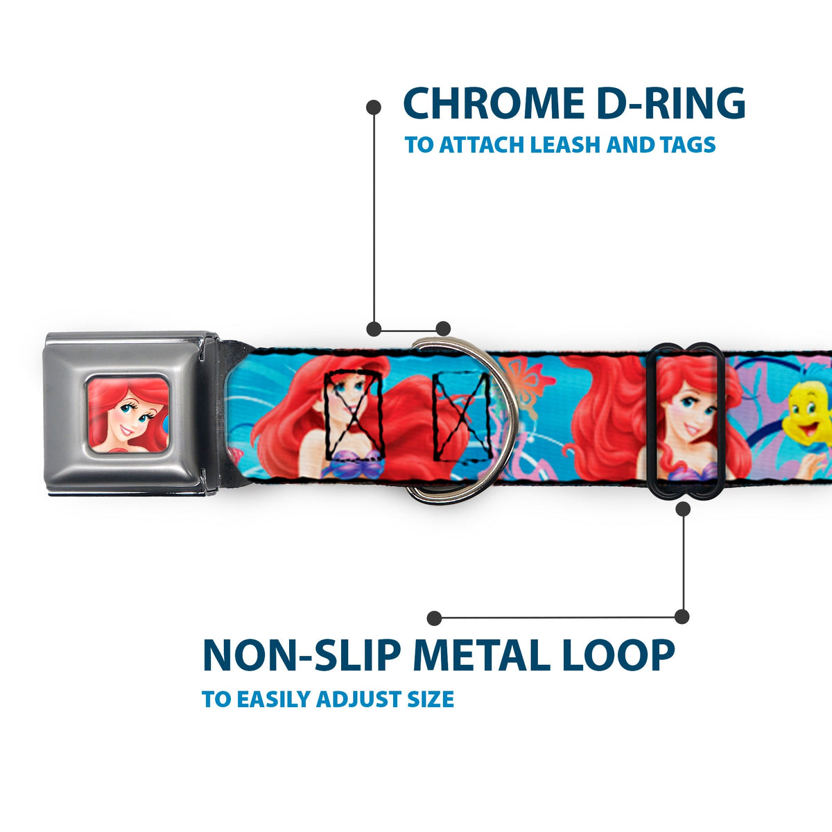 Ariel Face3 Full Color Blue Seatbelt Buckle Collar - Ariel & Flounder Vivid Underwater Poses