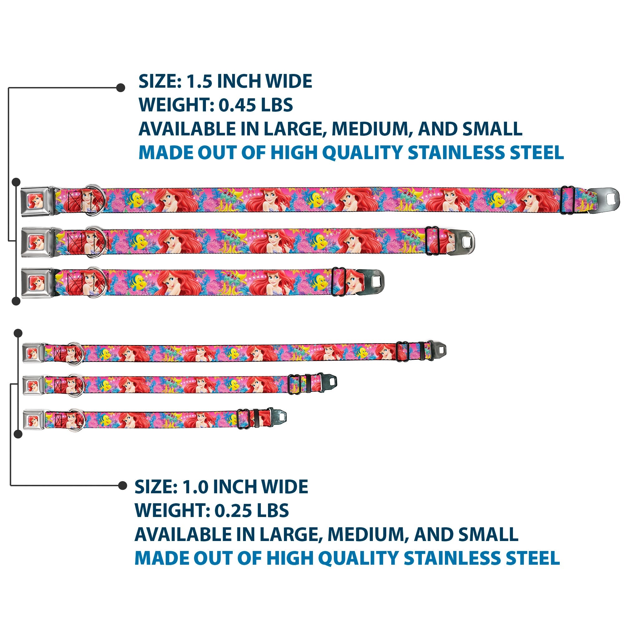 Ariel Face4 Full Color Pink Blue Seatbelt Buckle Collar - Ariel/Flounder/Fish Trio Poses Pinks