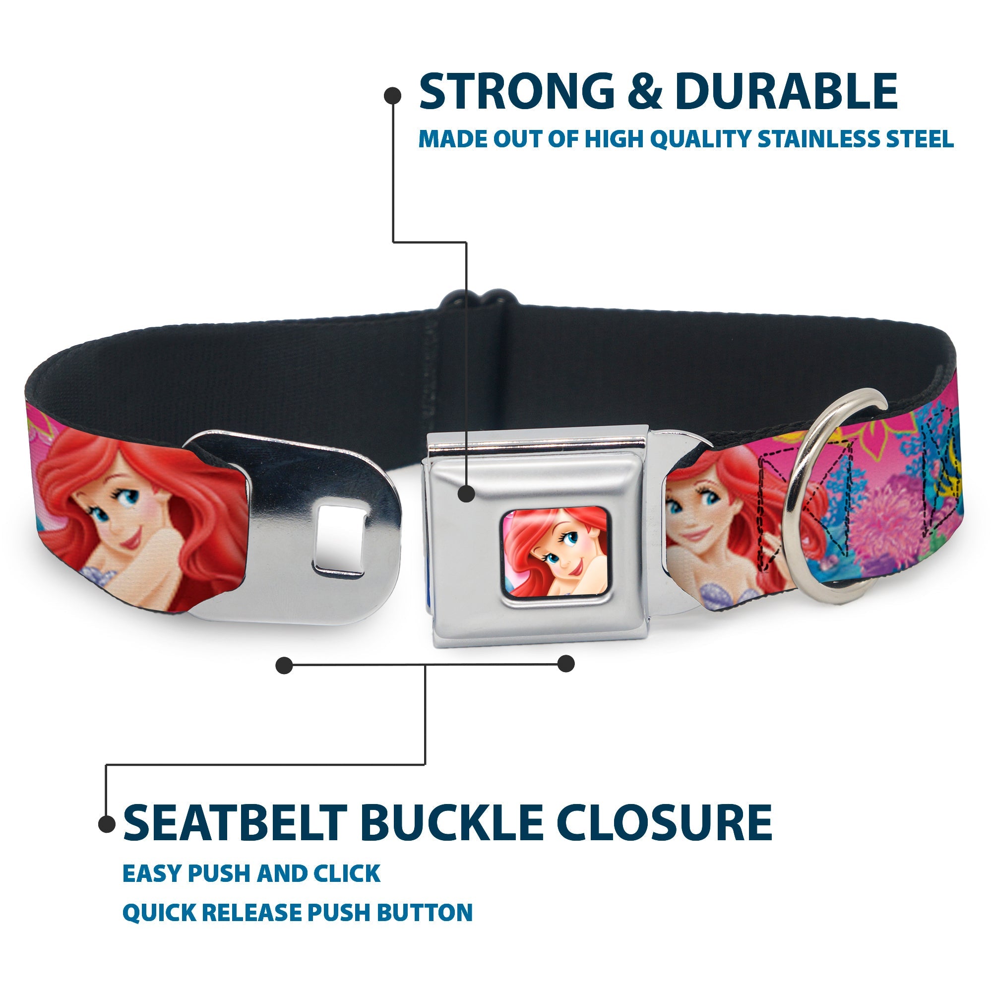 Ariel Face4 Full Color Pink Blue Seatbelt Buckle Collar - Ariel/Flounder/Fish Trio Poses Pinks