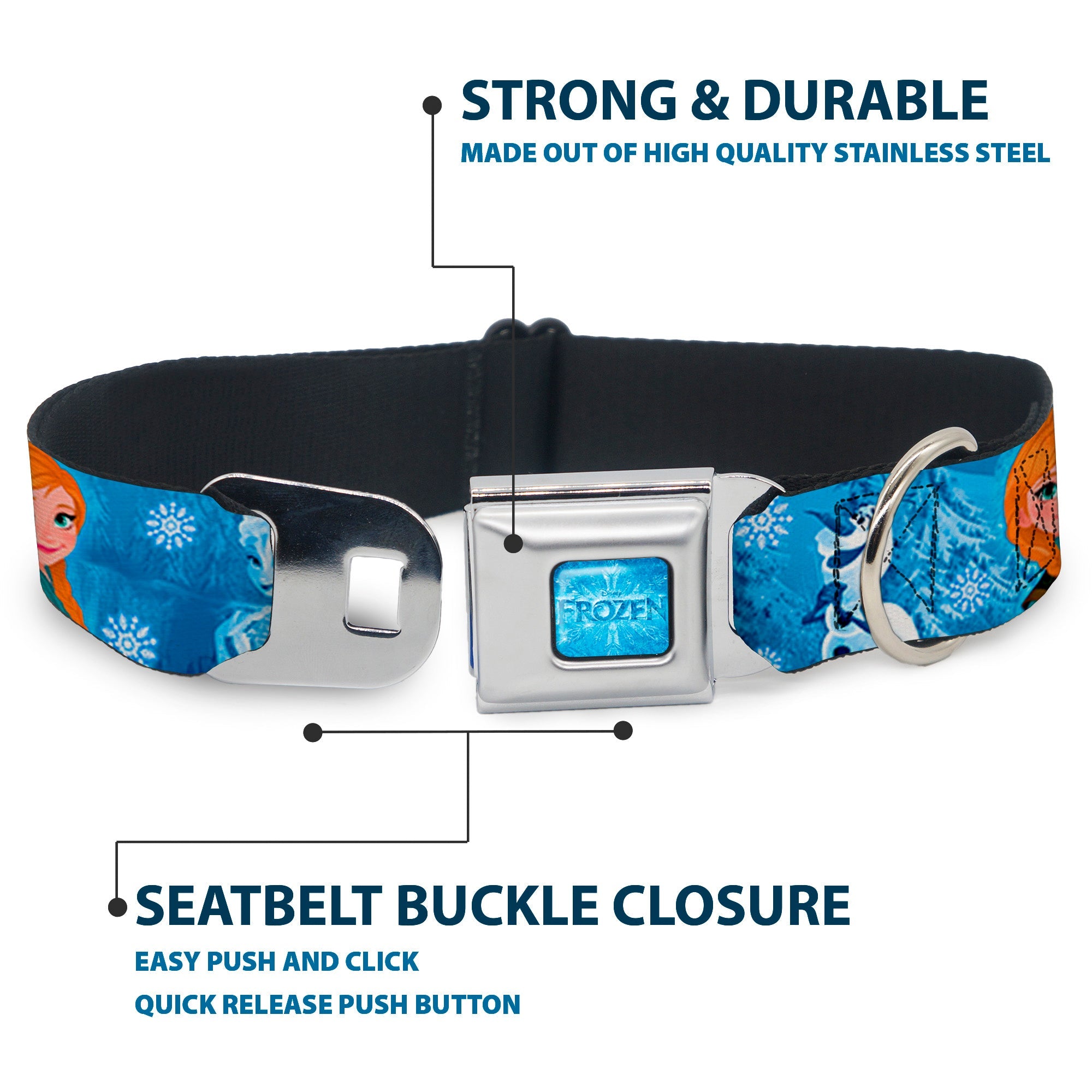 FROZEN Logo Full Color Blues Seatbelt Buckle Collar - Frozen Character Poses Blues