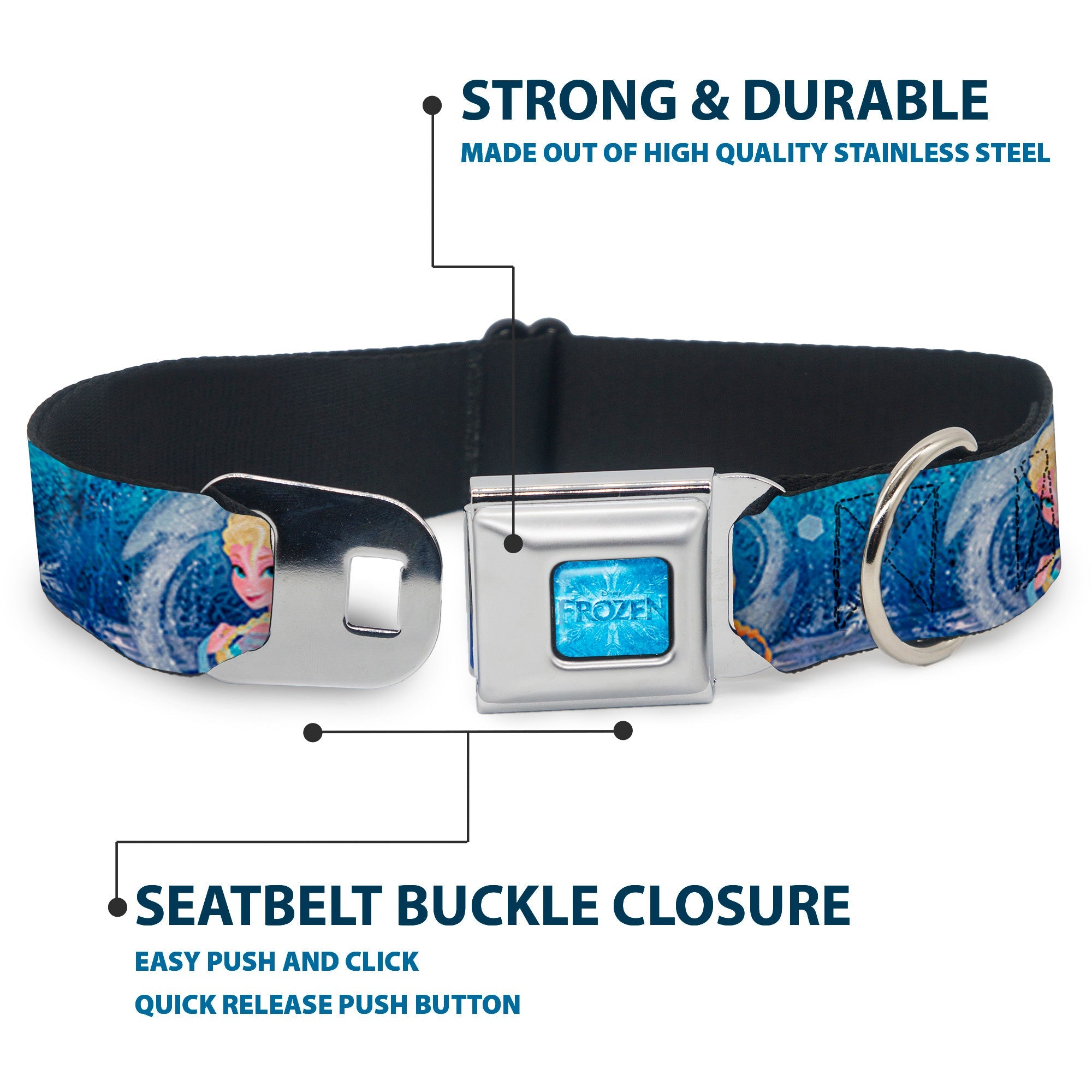 FROZEN Logo Full Color Blues Seatbelt Buckle Collar - Frozen Elsa the Snow Queen Poses/Snowflakes
