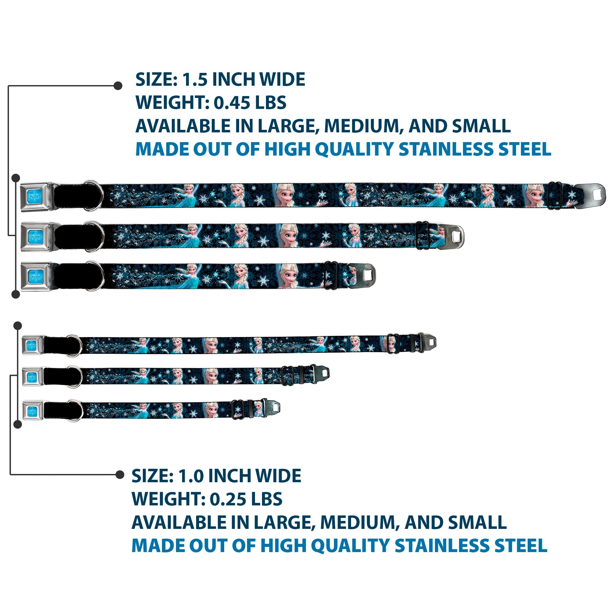 FROZEN Logo Full Color Blues Seatbelt Buckle Collar - Elsa the Snow Queen Poses PERFECT AND POWERFUL Blues/White