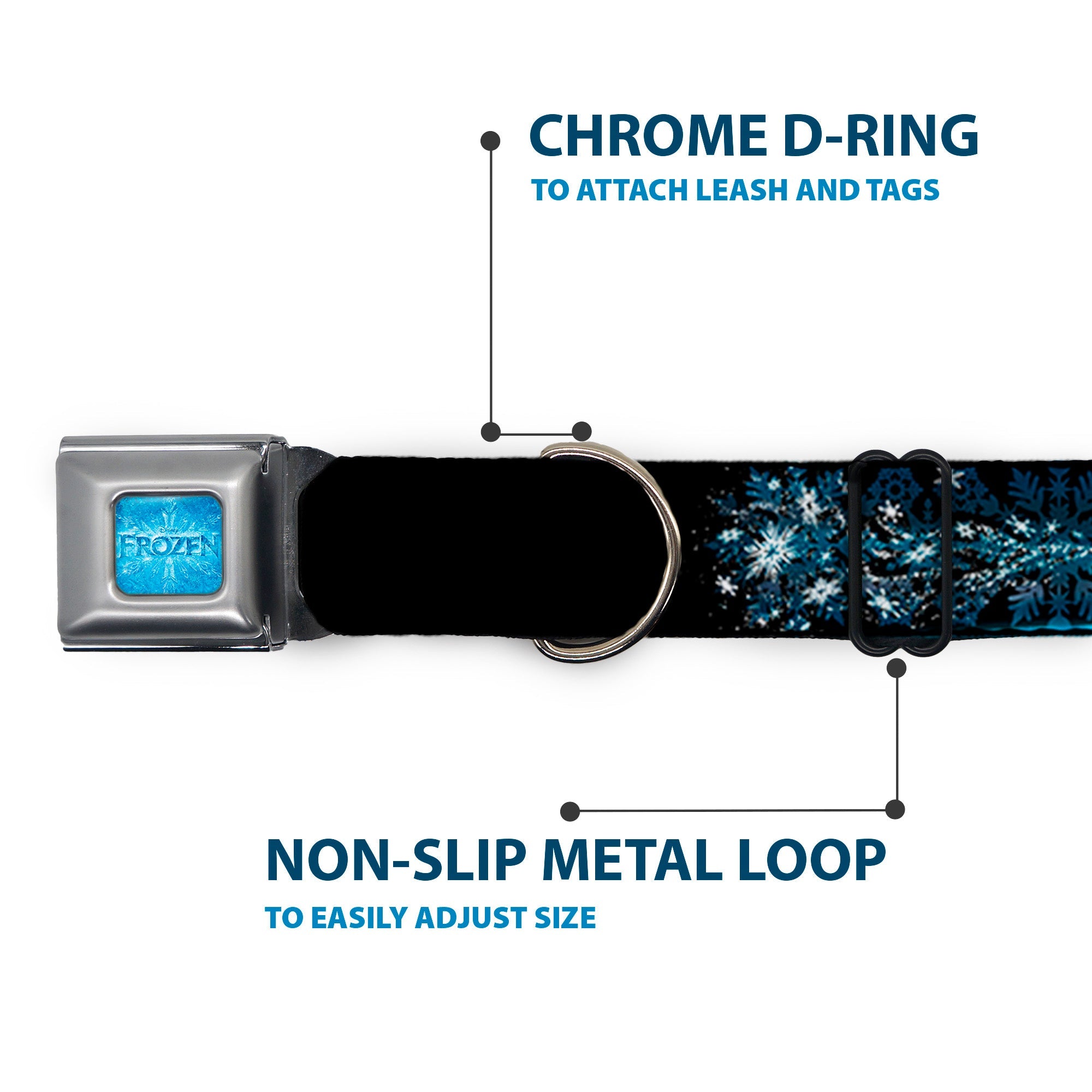 FROZEN Logo Full Color Blues Seatbelt Buckle Collar - Elsa the Snow Queen Poses PERFECT AND POWERFUL Blues/White