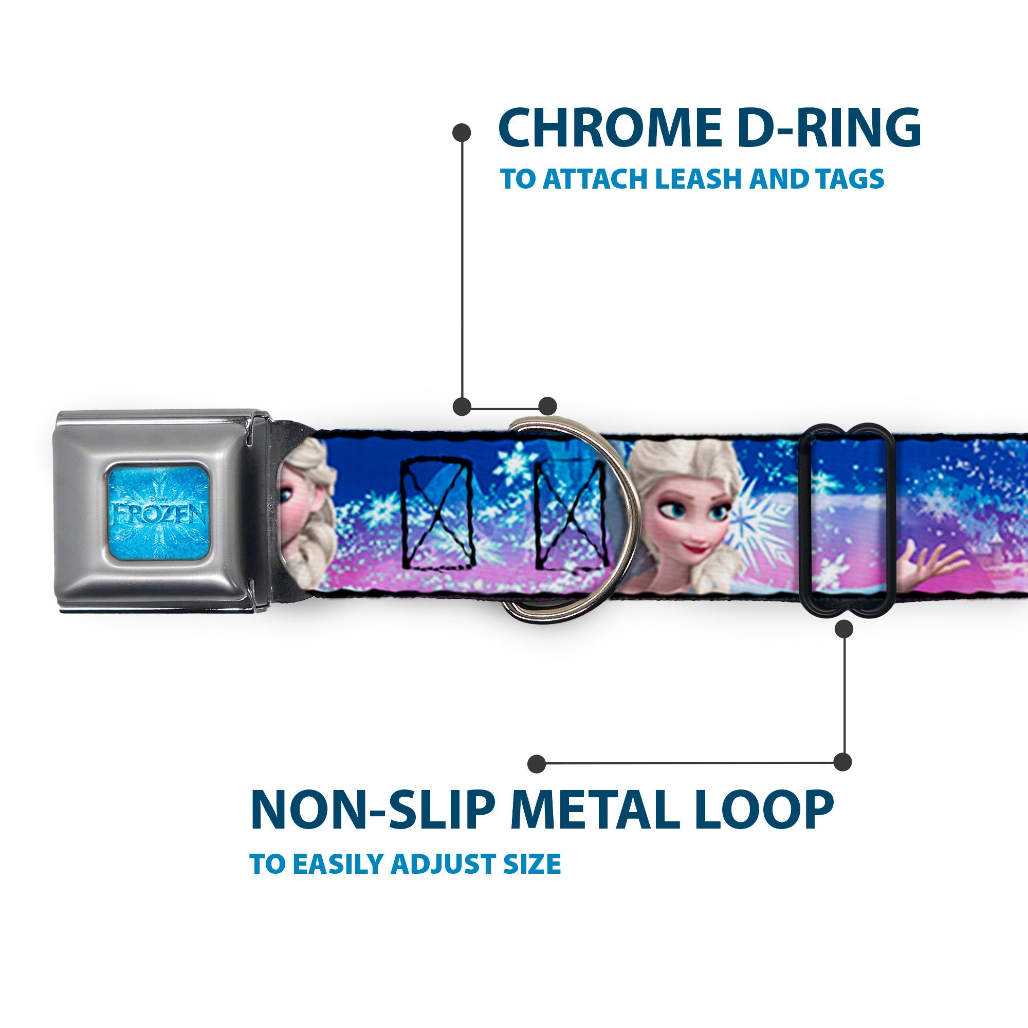 FROZEN Logo Full Color Blues Seatbelt Buckle Collar - Elsa the Snow Queen Poses/Castle & Snowy Mountains Blue-Pink Fade