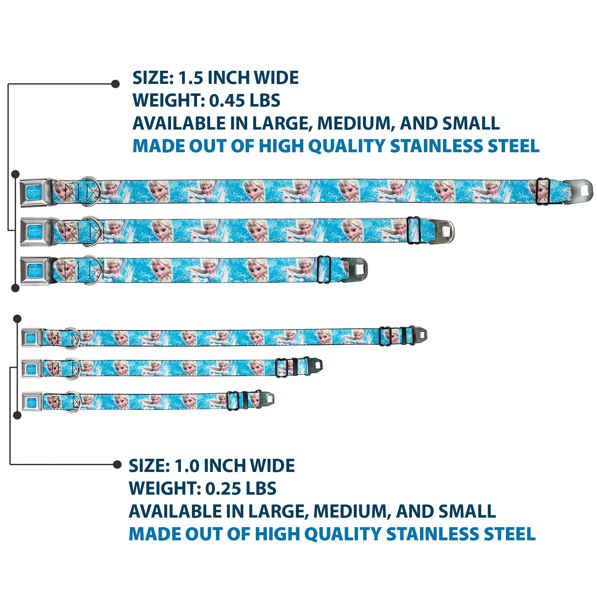 FROZEN Logo Full Color Blues Seatbelt Buckle Collar - Frozen Elsa Face/Action Pose/Snowflakes Blues/White