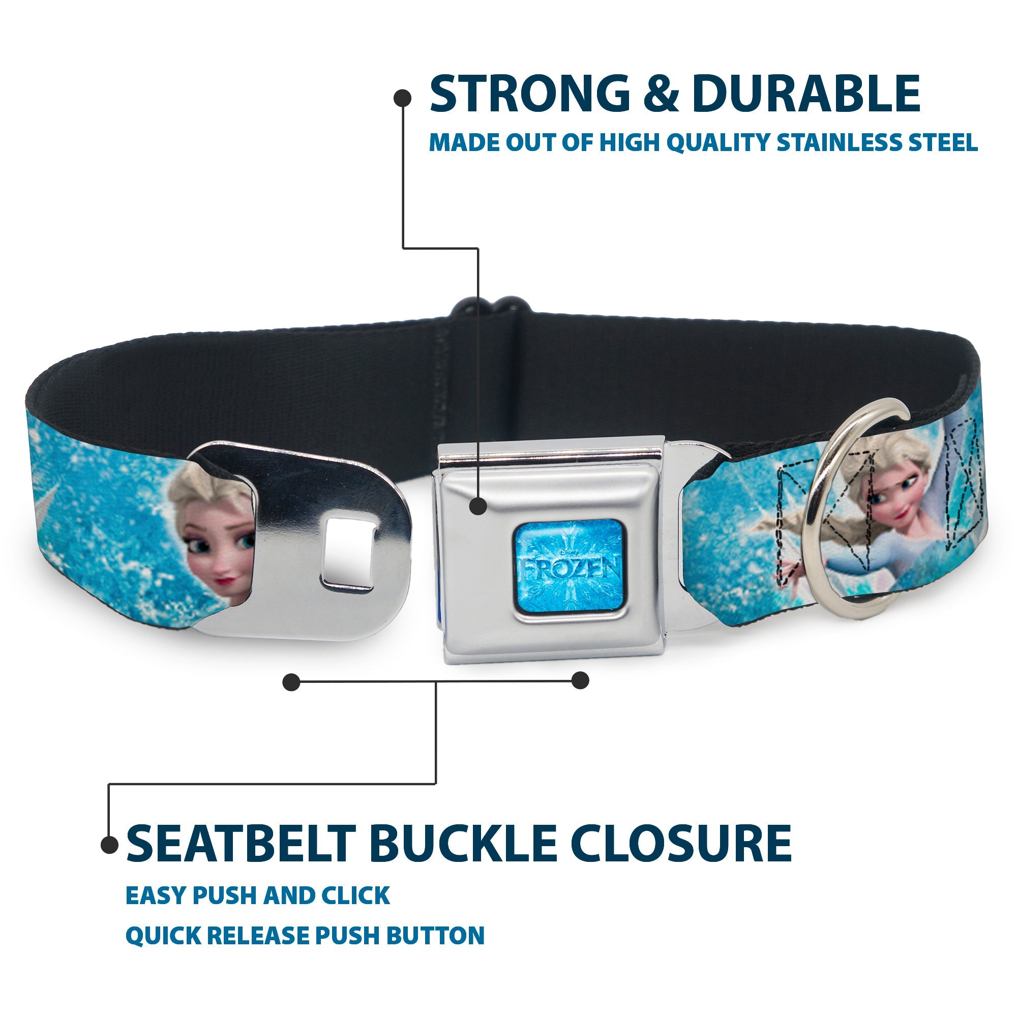FROZEN Logo Full Color Blues Seatbelt Buckle Collar - Frozen Elsa Face/Action Pose/Snowflakes Blues/White