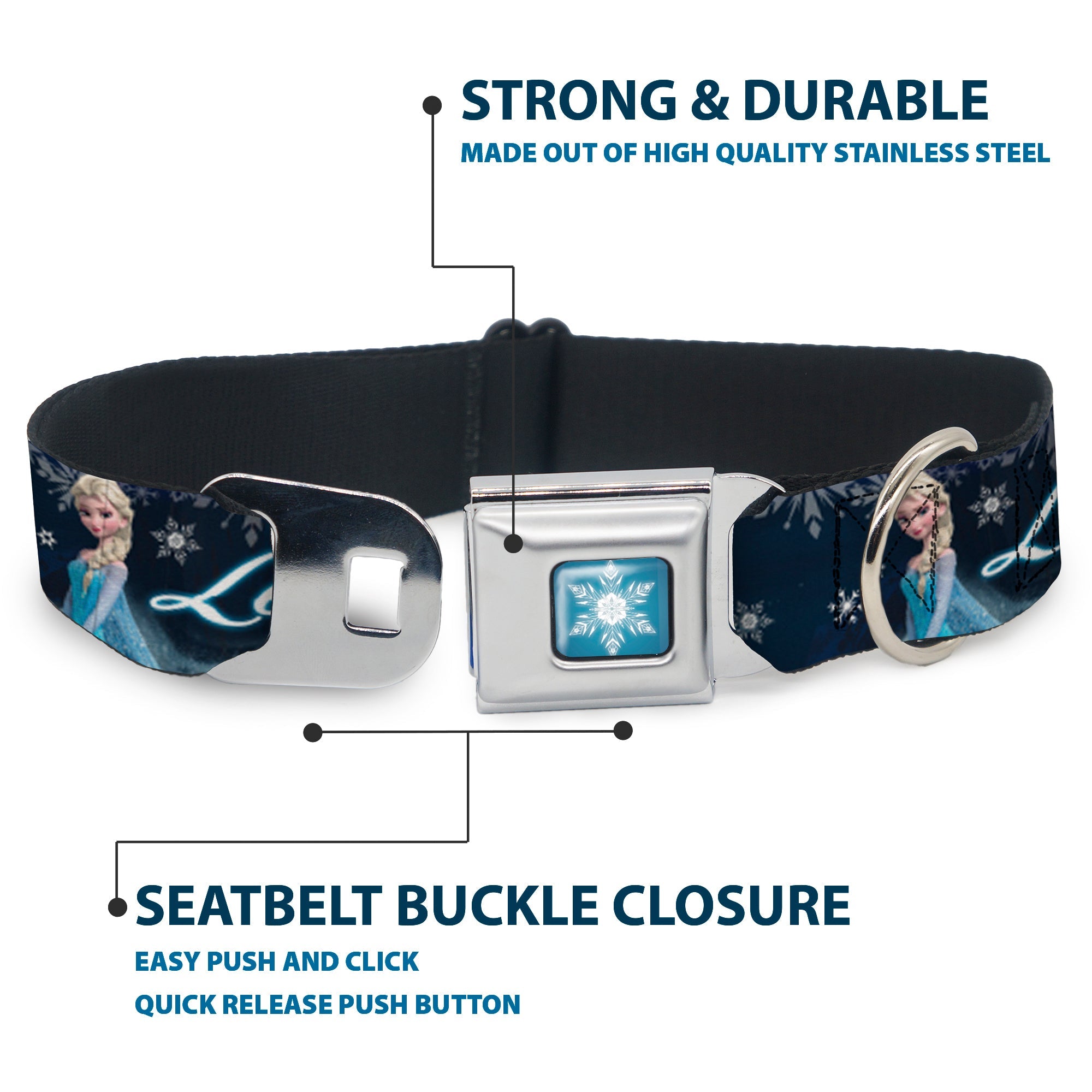 Frozen Snowflake Full Color Blue White Seatbelt Buckle Collar - Elsa the Snow Queen Poses/Snowflakes LET IT GO Blues/White