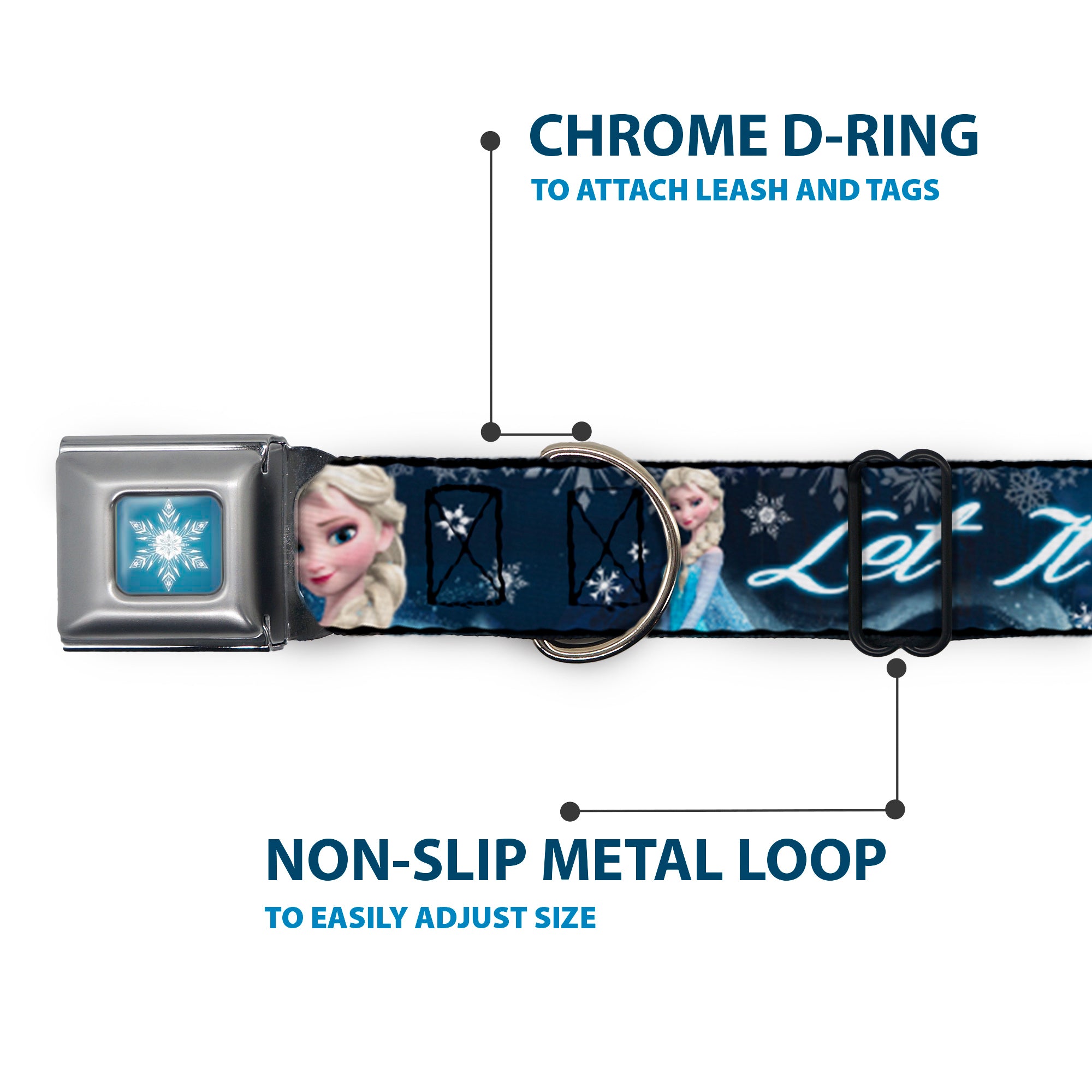 Frozen Snowflake Full Color Blue White Seatbelt Buckle Collar - Elsa the Snow Queen Poses/Snowflakes LET IT GO Blues/White