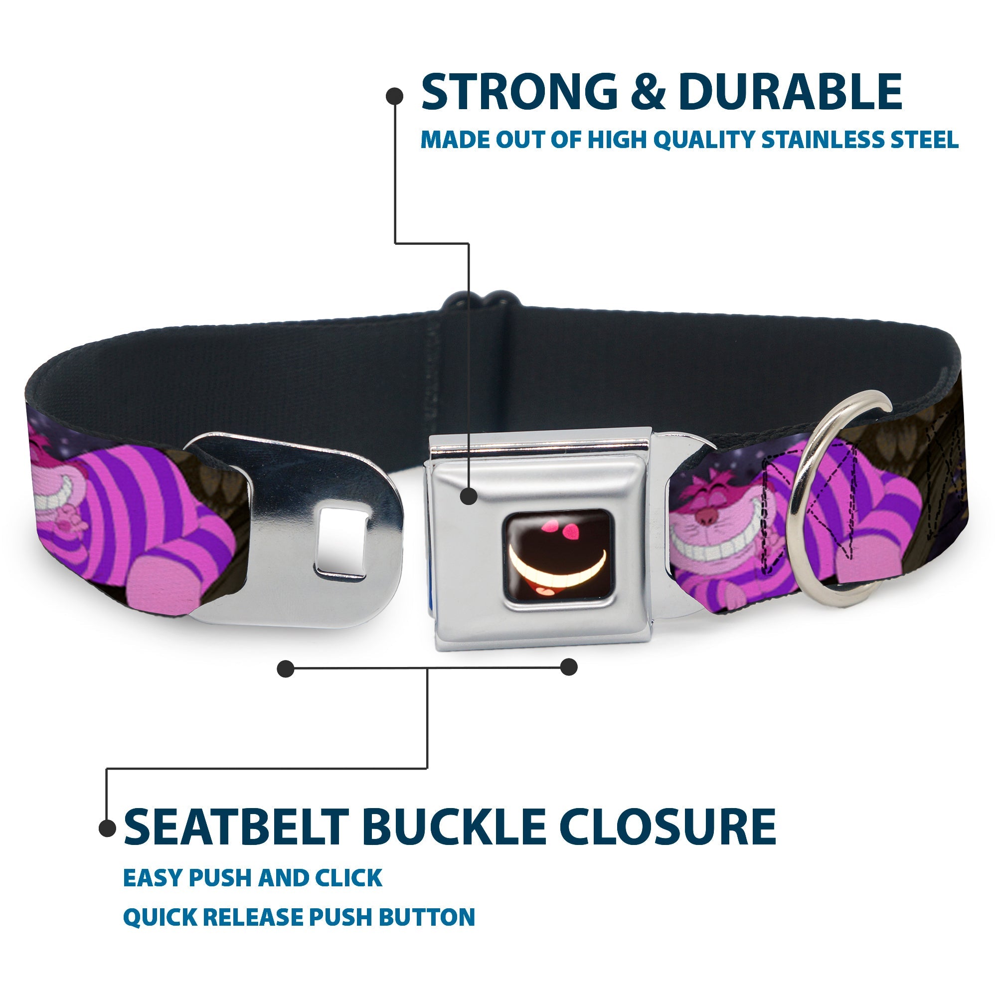 Cheshire Cat Eyes Smile Full Color Seatbelt Buckle Collar - Cheshire Cat Tree Poses