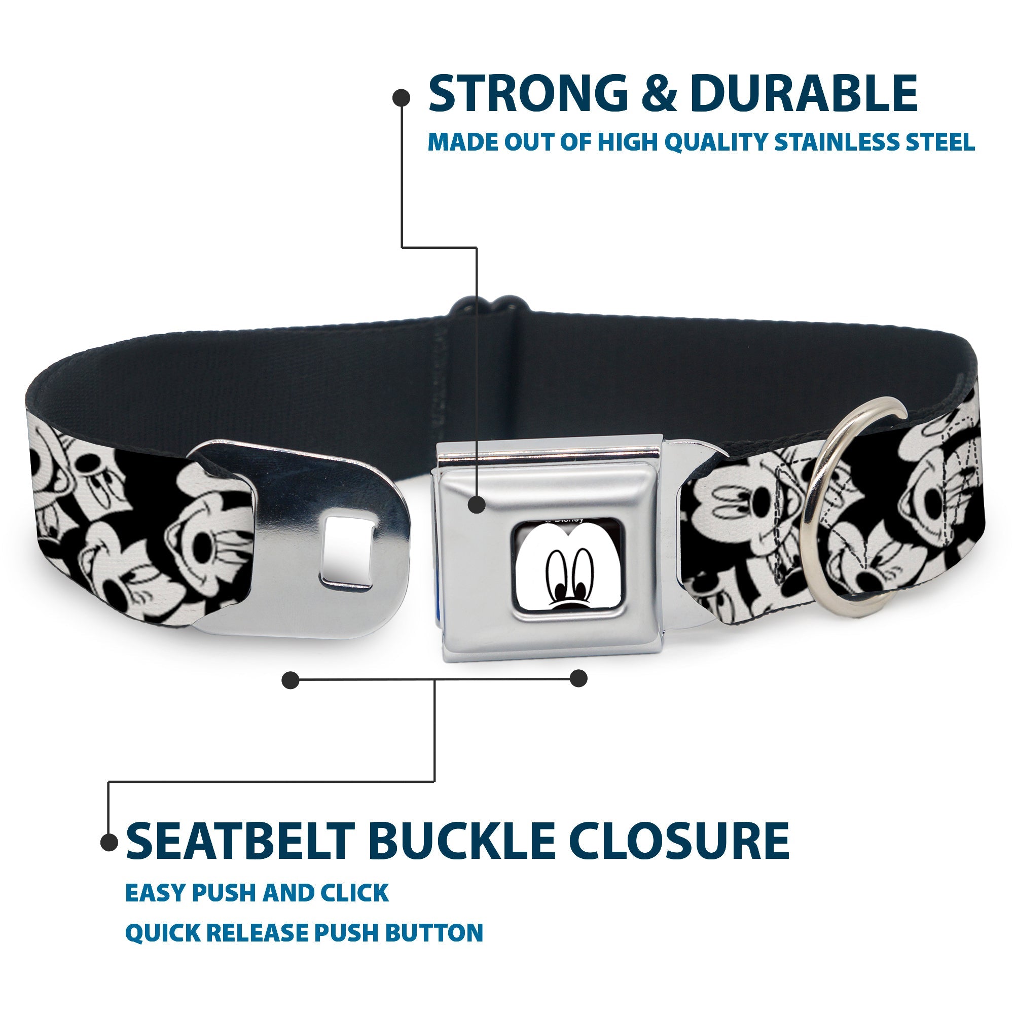 Mickey Mouse Face CLOSE-UP Full Color White Black Seatbelt Buckle Collar - Mickey Mouse Expressions Stacked White/Black