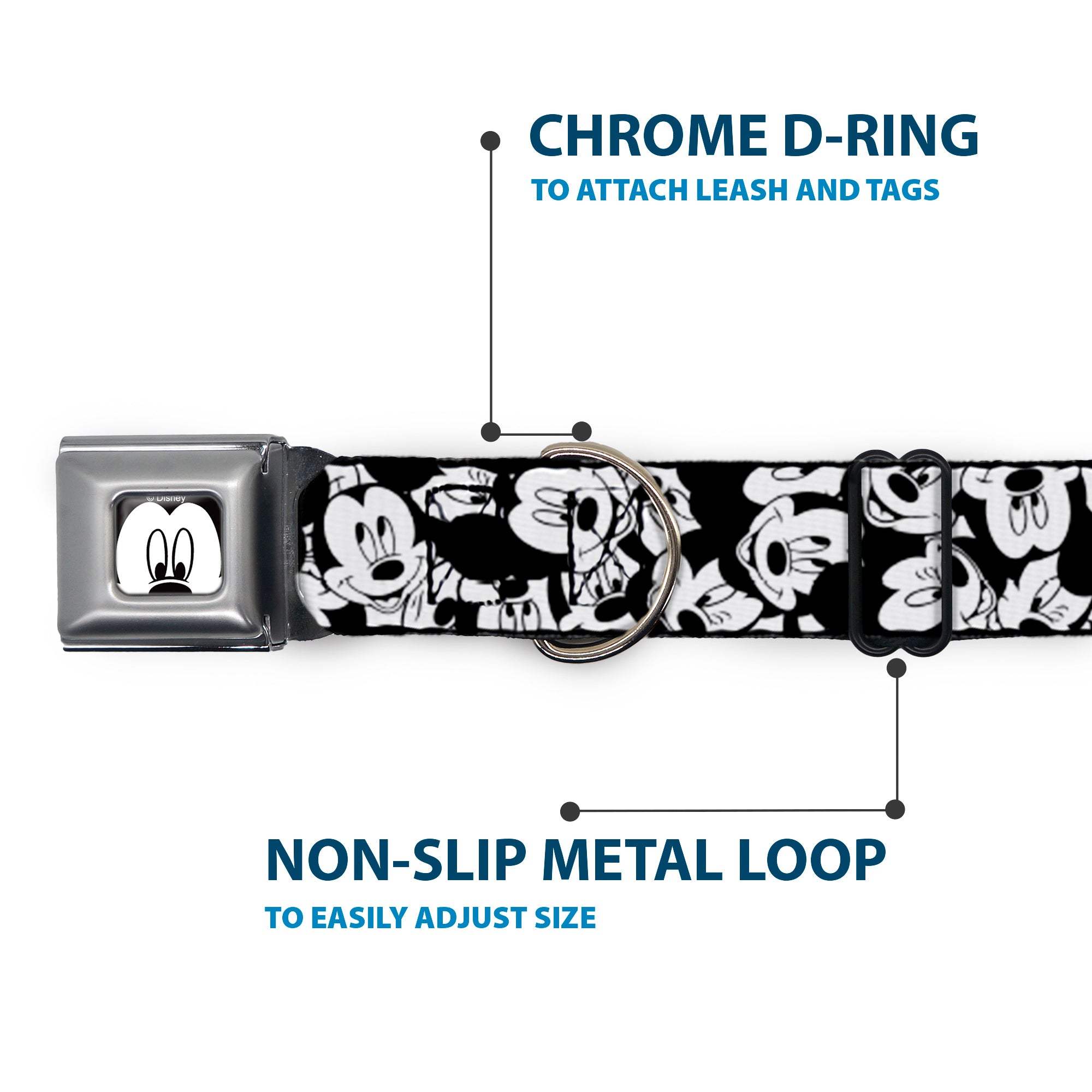 Mickey Mouse Face CLOSE-UP Full Color White Black Seatbelt Buckle Collar - Mickey Mouse Expressions Stacked White/Black